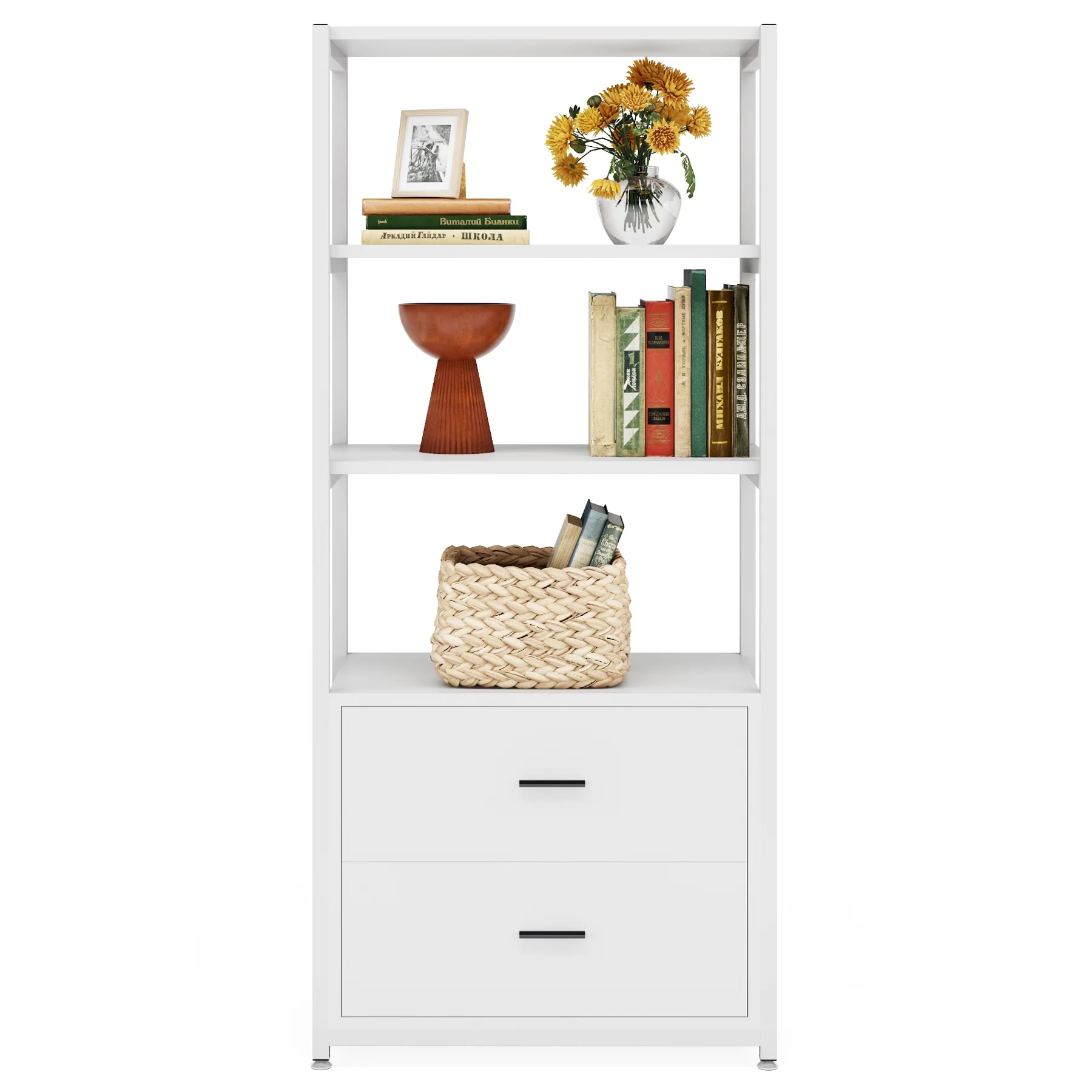 Tribesigns Bookcase 4-Tier White Bookshelf with 2 Drawers White