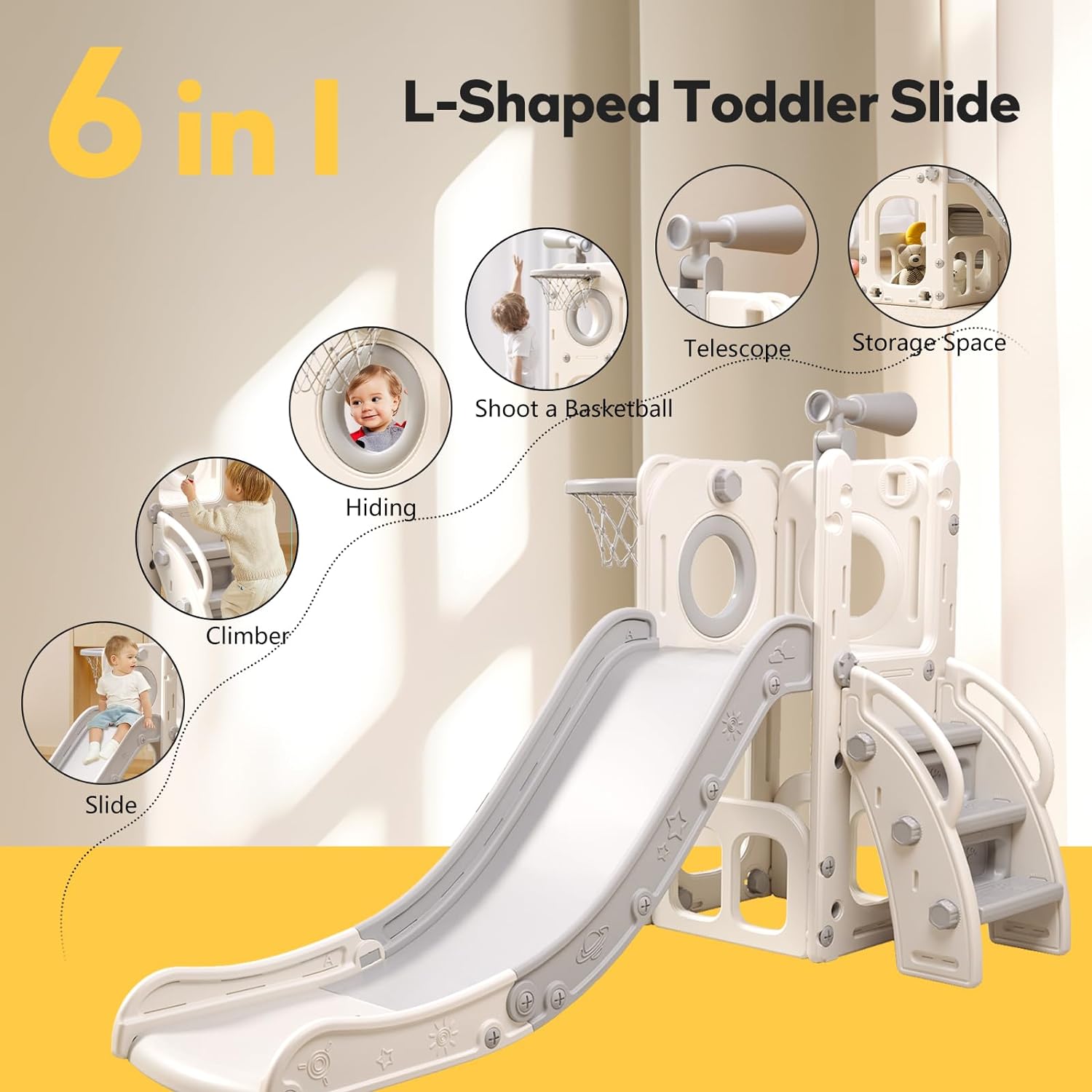 6 in 1 Toddler Playset with Slide,Toddler Slide,Slide for Kids with Basketball Hoop,Ball,Ring Toss,Kids Slide Toddler Playground Toddler Slide Indoor Outdoor Toys (6 in 1, White Grey)