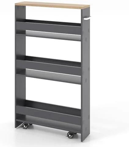 HVSDIMO Slim  Cart  4-Tier Rolling Cart with Handle  Laundry Cart Between Washer and Dryer  Wood Spice Rack Next to Fridge  Narrow Shelving Unit for Kitchen  Bathroom  Small Spaces