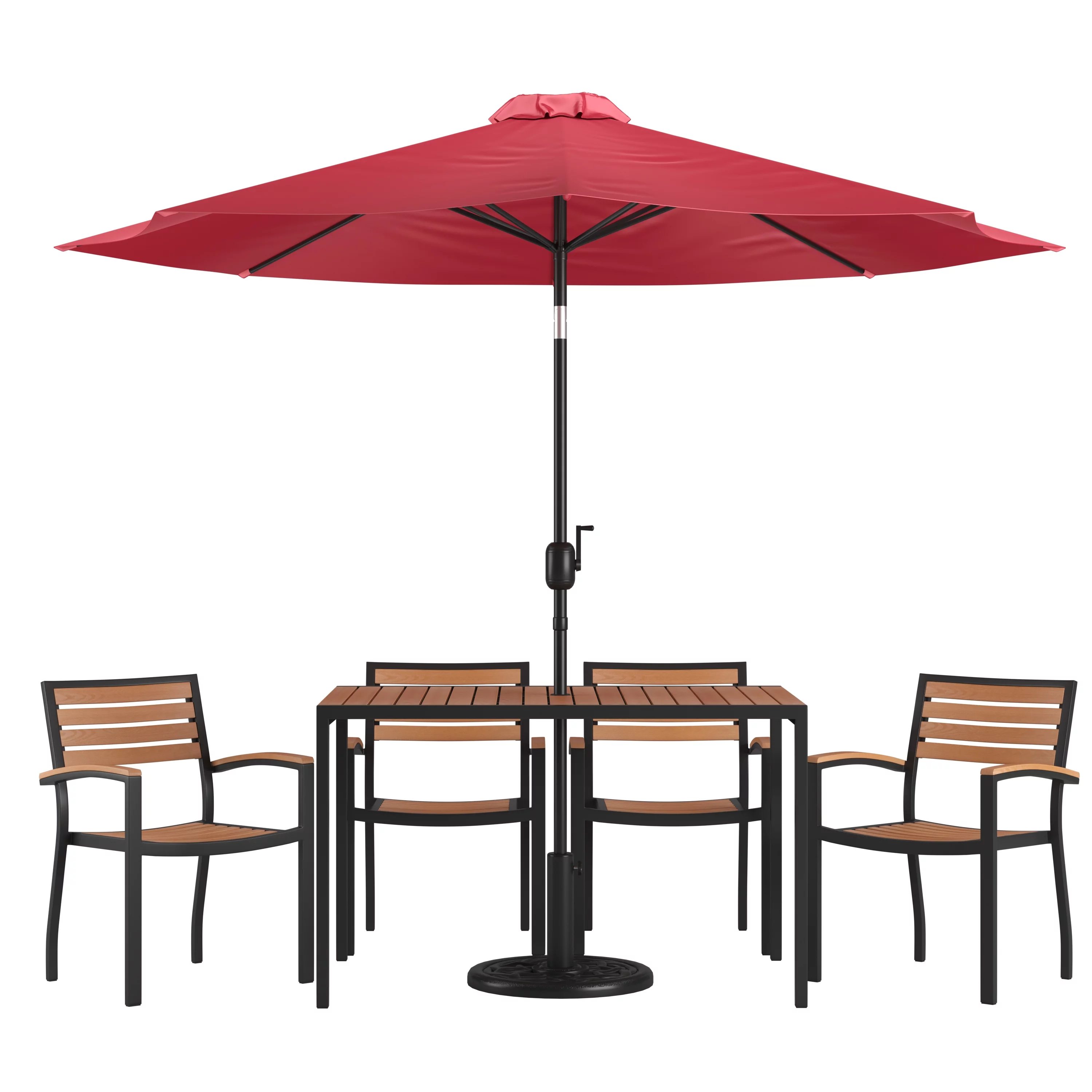 BizChair 7 Piece Outdoor Patio Dining Table Set with 4 Synthetic Teak Stackable Chairs, 30