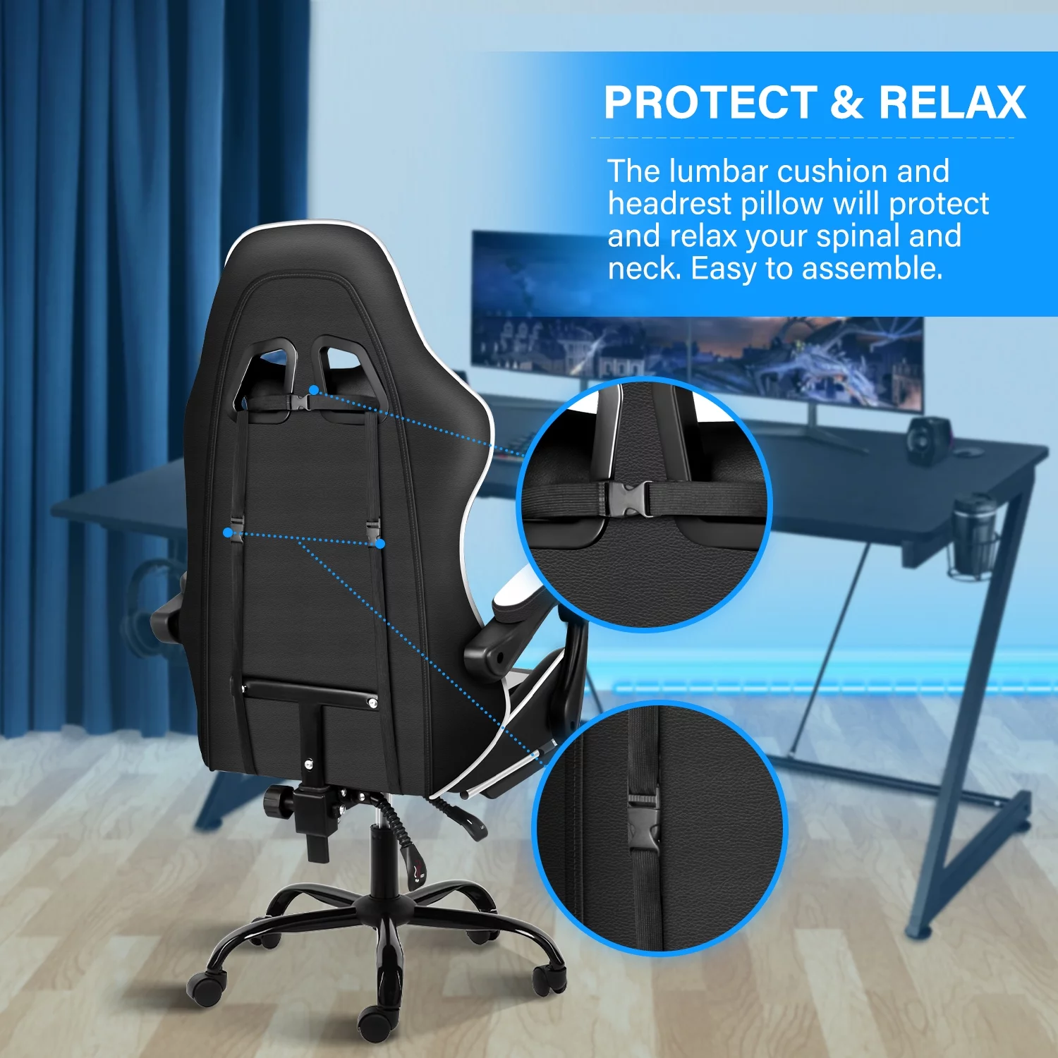 Huracan Racing Video Backrest and Seat Height Recliner Gaming Office High Back Computer Ergonomic Adjustable Swivel Chair, With footrest, Black/White