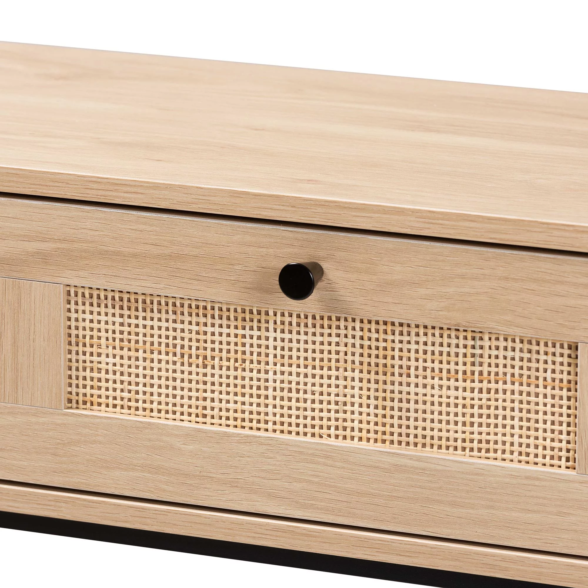 Baxton Studio Sherwin Mid-Century Modern Light Brown and Black 2-Drawer Console Table with Woven Rattan Accent
