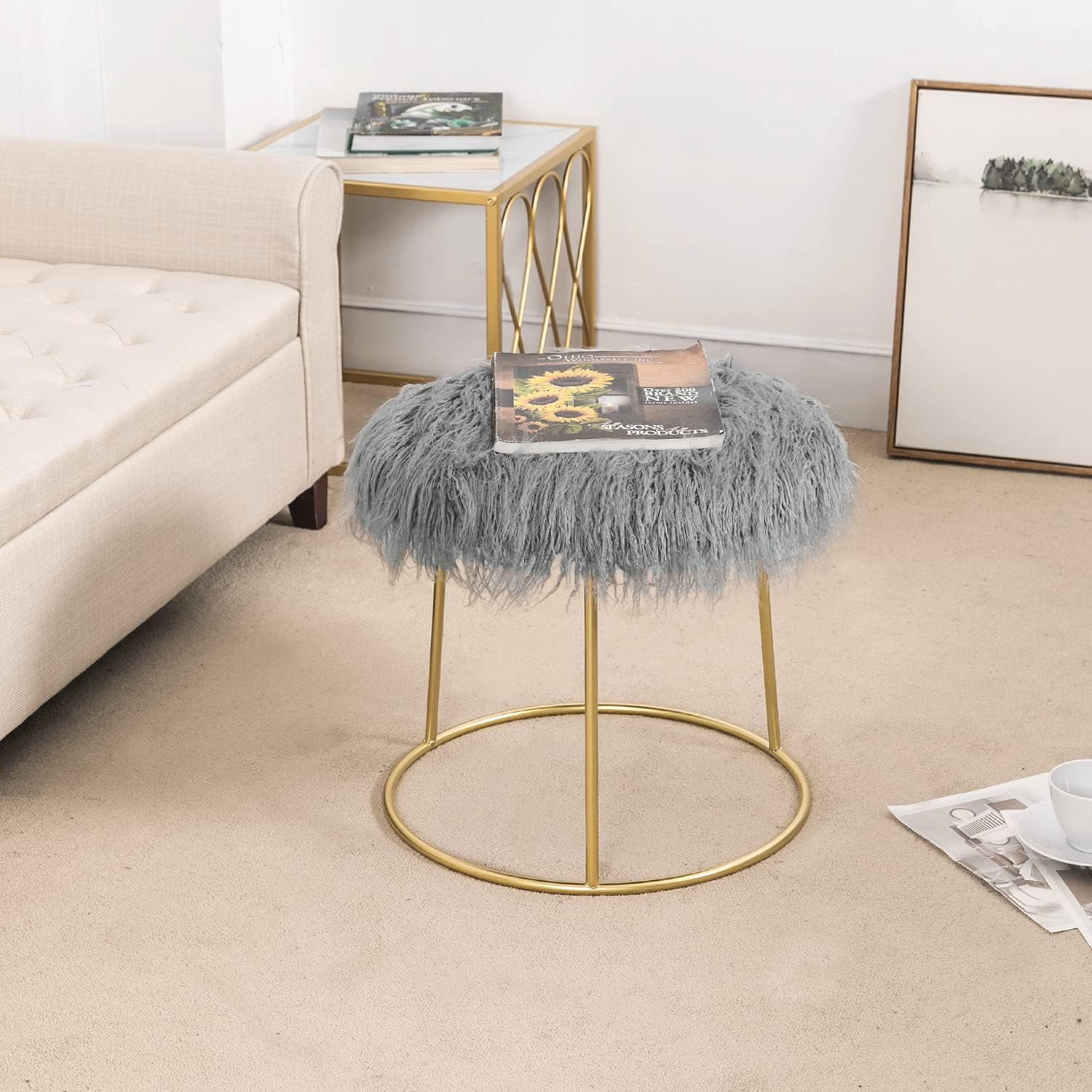 Round Gray Faux Fur Vanity Stool With Gold Legs - Vanity Chair - Soft Compact Padded Seat - Bedroom And Chair - Metal - Fluffy Makeup Seat