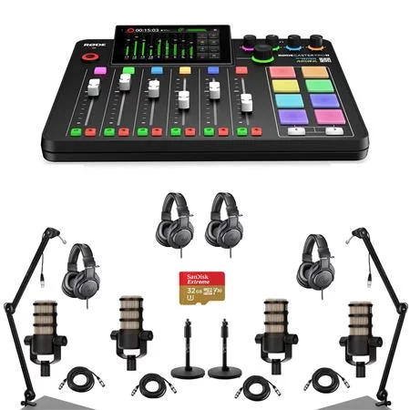 RODECaster Pro II Integrated Audio Production Studio Console Bundle with 4x PodMic Microphone, 4x TAPH500 Headphones, 2x Broadcast Arm, 2x Mic Stand, 4x M to F XLR Cable, 32GB microSD Card