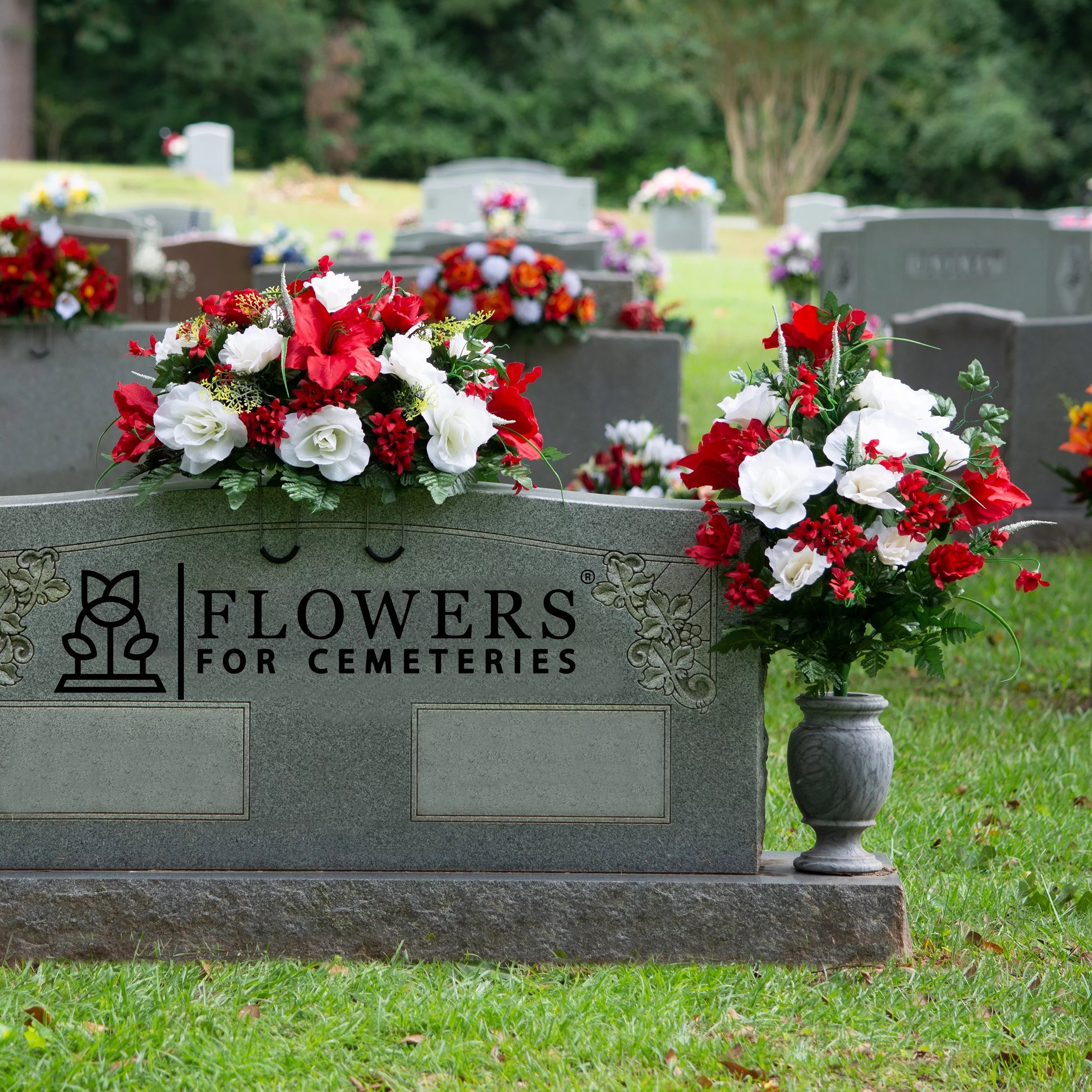 Sympathy Silks Artificial Cemetery Flowers Red Amaryllis White Roses 1 Bouquet & 1 Saddle