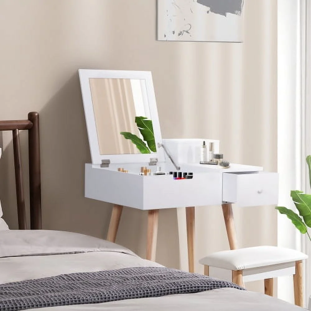 YASI Vanity Table Makeup Desk with Flip Top Mirror and 2 Storage Drawers, Makeup Dressing Table for Bedroom Living Life,White(Stool not Included)