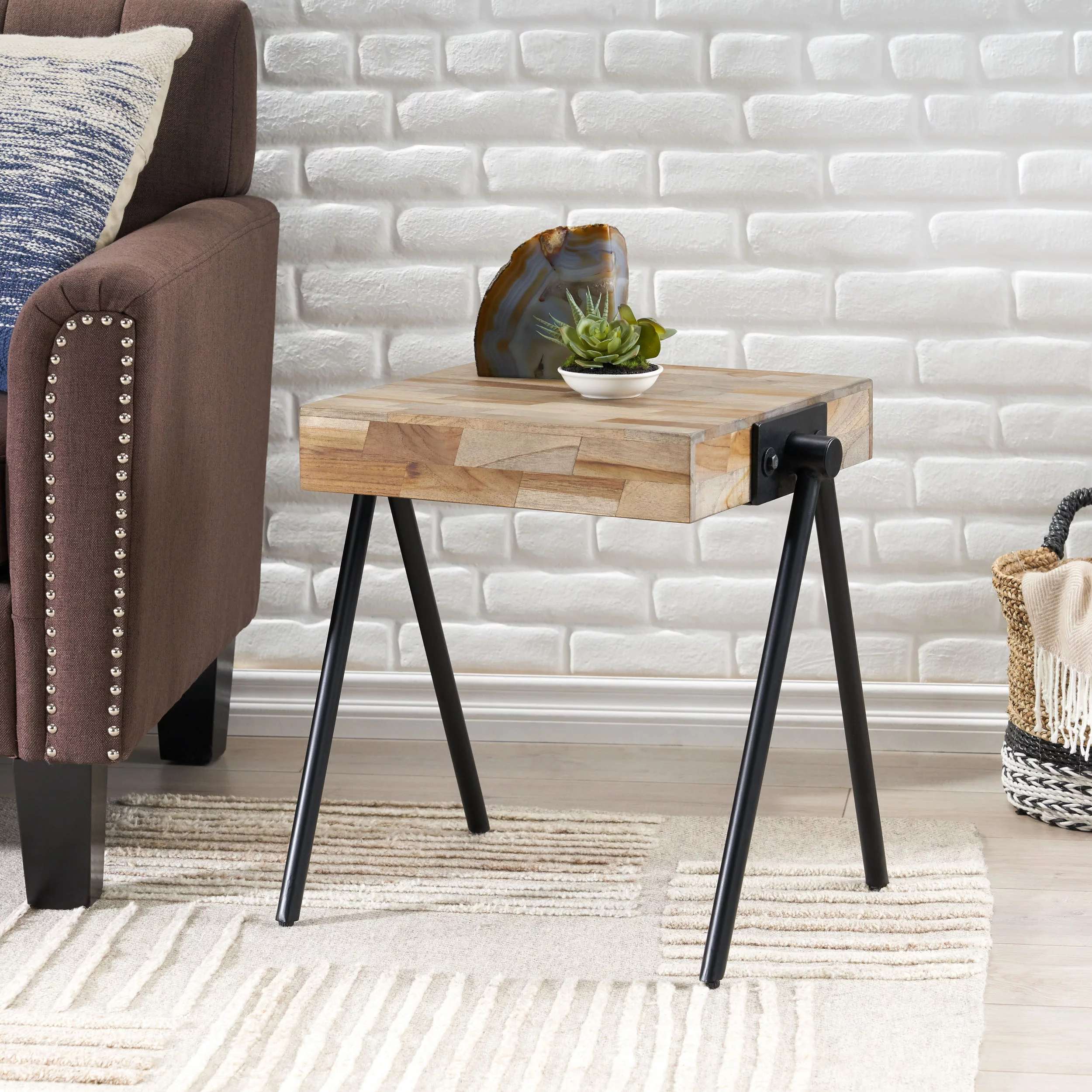 GDF Studio Delliah Modern Industrial Handmade Mango Wood and Iron Side Table, Gray and Black