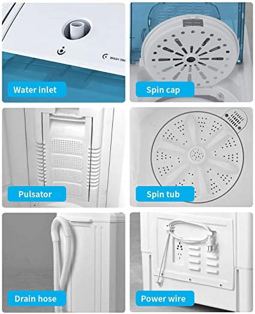 KUPPET Compact Twin Tub Portable Mini Washing Machine 26lbs Capacity, Washer(18lbs)&Spiner(8lbs)/Built-in Drain Pump/Semi-Automatic (White&Bule)