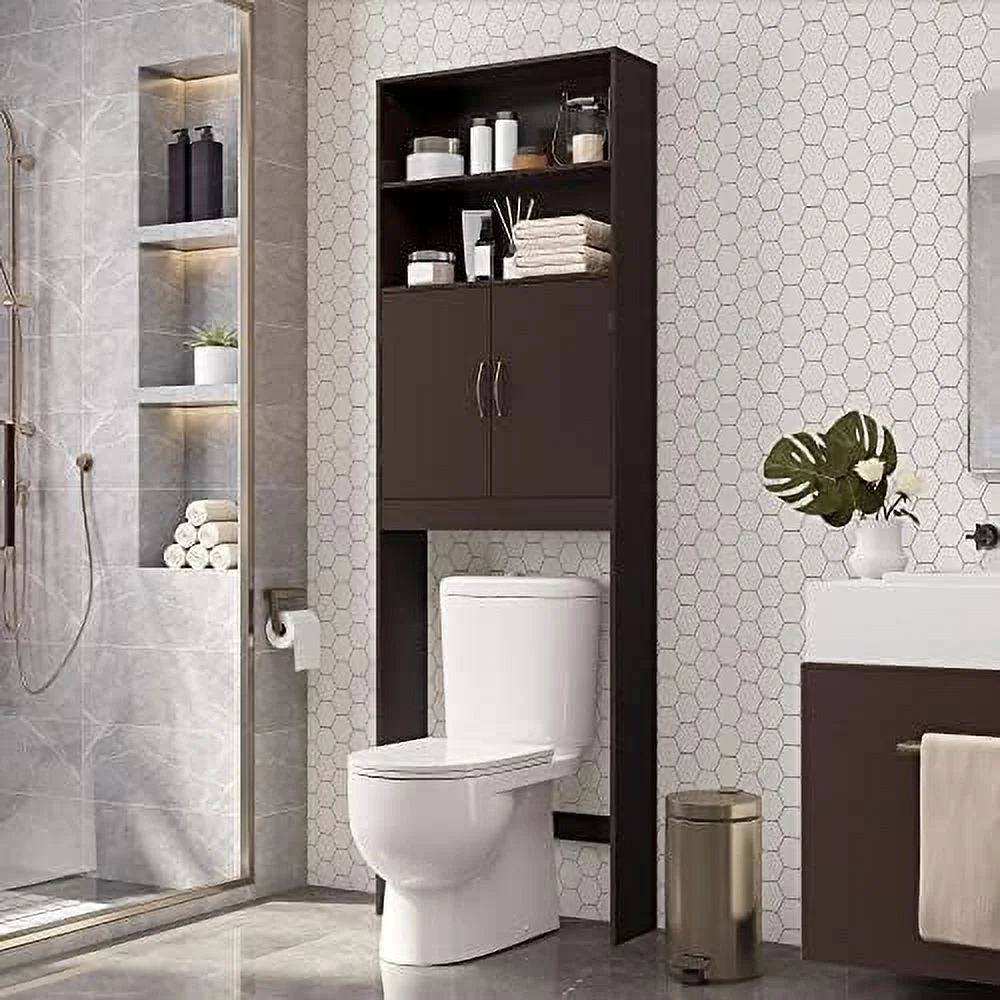 CHNKH Over The Toilet   Taller Bathroom Organizer Space-Saving  Cabinet with Adjustable Shelves and Double Doors  77 in H  Espresso