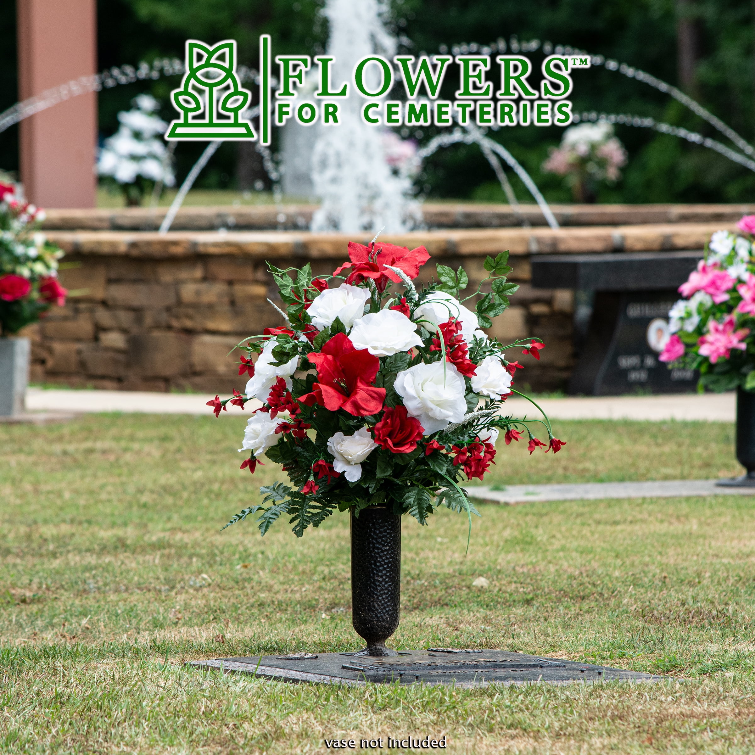 Sympathy Silks Artificial Cemetery Flowers Red Amaryllis White Roses 1 Bouquet & 1 Saddle