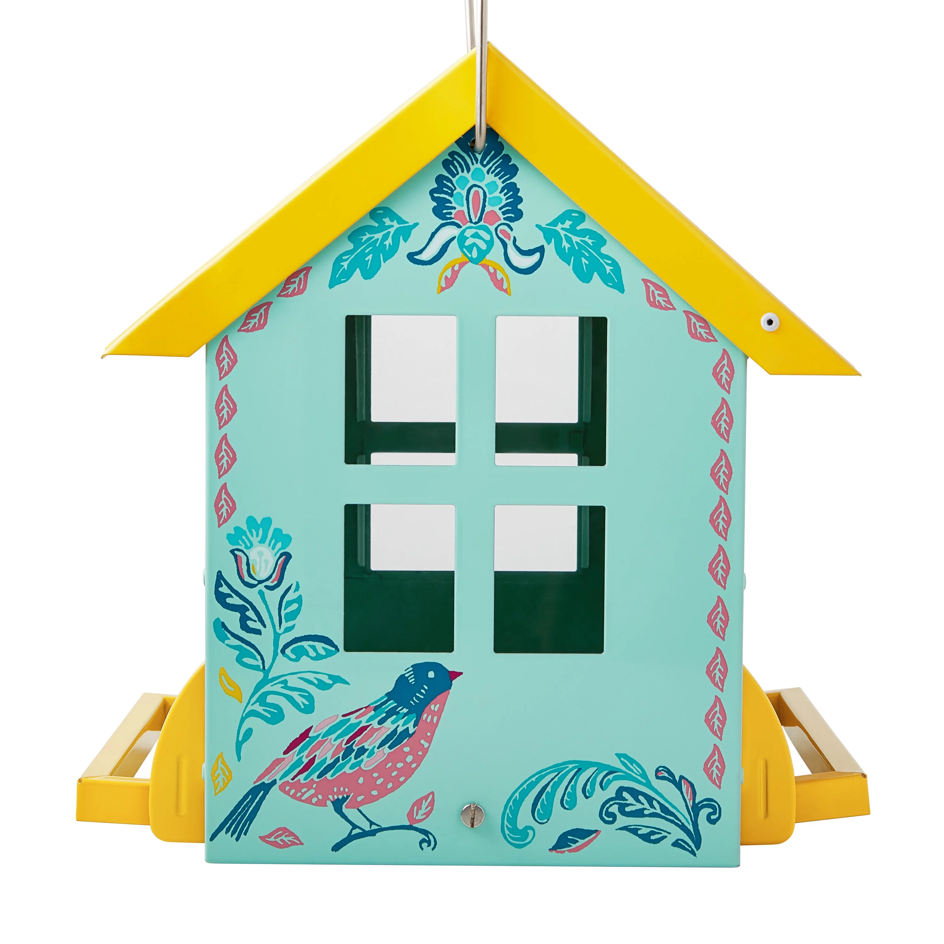 The Pioneer Woman Bird Ogee Metal Squirrel Proof Hopper Bird Feeder 5.5QT , Teal Yellow
