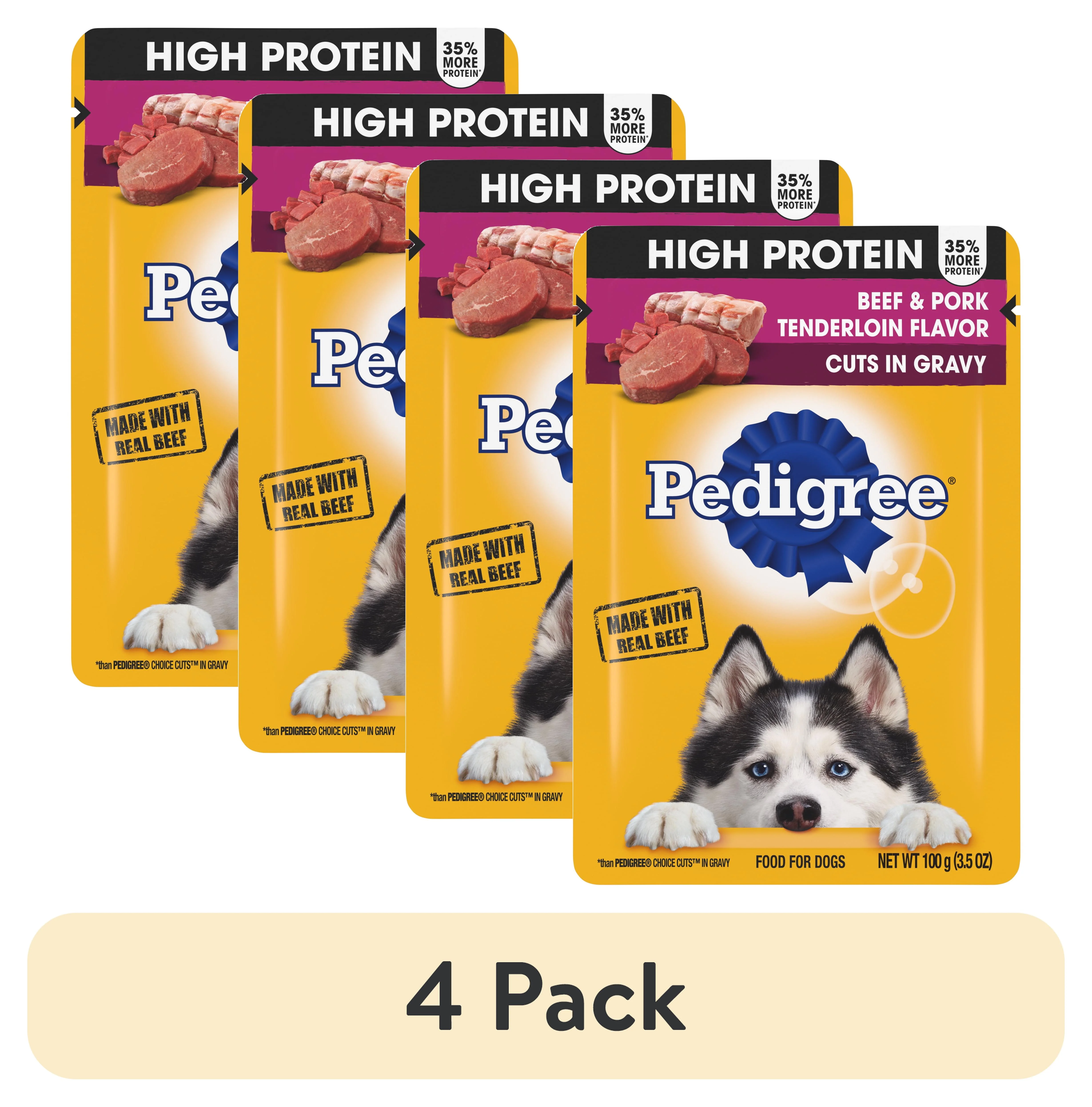(4 pack) Pedigree High Protein Beef & Pork Tenderloin Cuts In Gravy Wet Dog Food For Adult Dog, 3.5 Oz Pouch