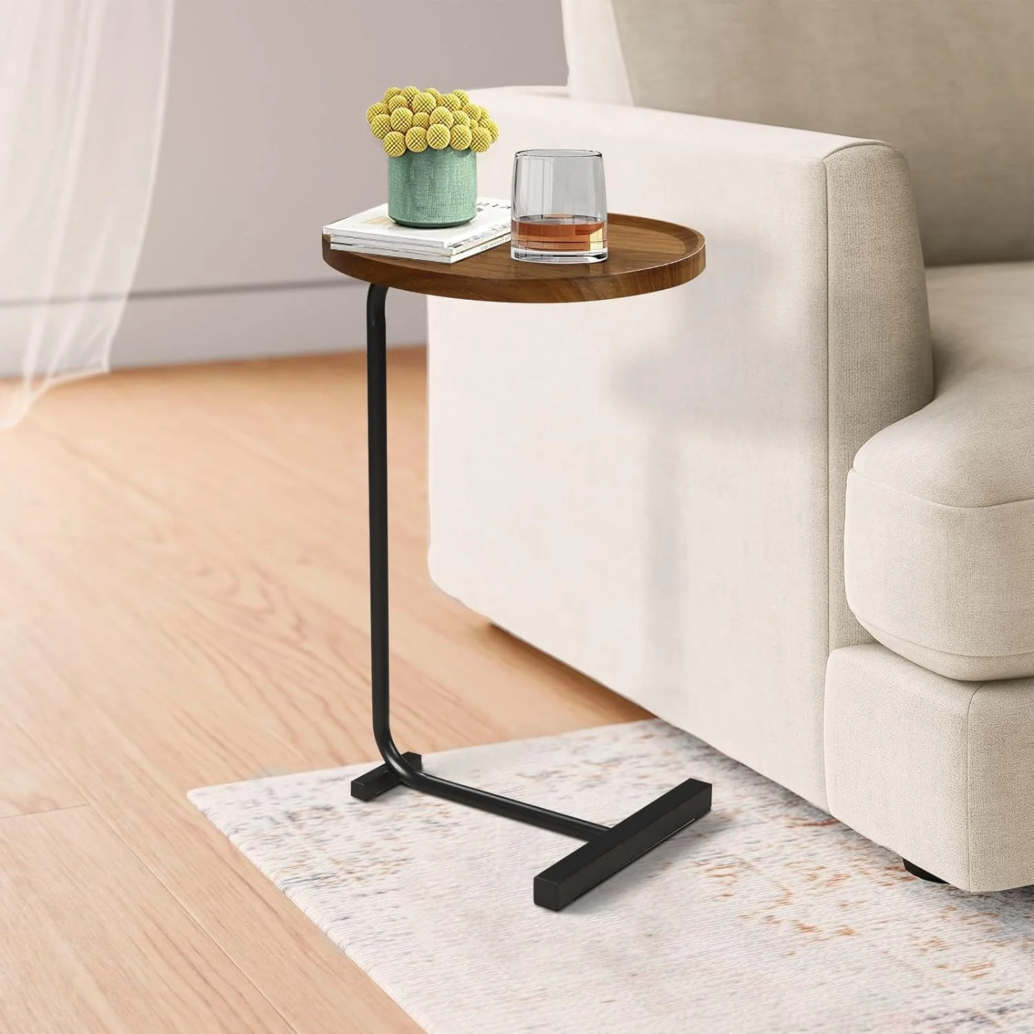 C Shaped Side Table Brown, Small C Table End Table for Sofa, Modern Side Table for Living Room Bedroom, Small Spaces Wooden Couch Tables That Slide Under