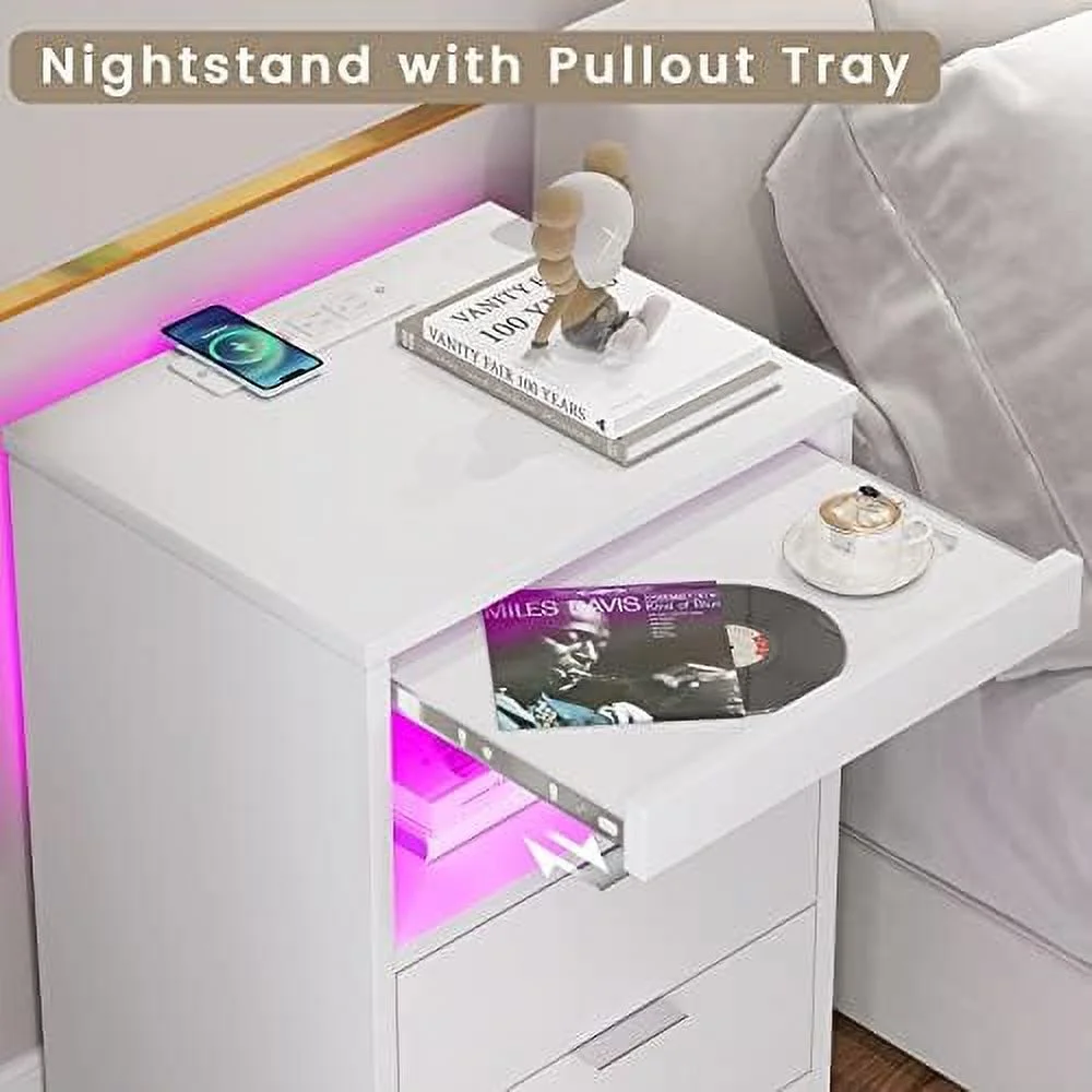 ZFGSUIJN LED Nightstand White Nightstand with Wireless Charging Station 2 Drawers   End  with LED Lights  Wooden Sofa Bedside Table with Pull-Out