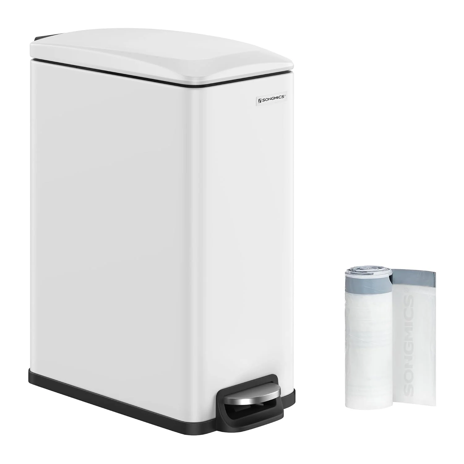 SONGMICS Slim Trash Can, 12.7 Gallon Garbage Can for Narrow Spaces with Soft-Close Lid, White