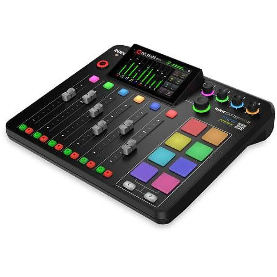RODECaster Pro II Integrated Audio Production Studio Console Bundle with 4x PodMic Microphone, 4x TAPH500 Headphones, 2x Broadcast Arm, 2x Mic Stand, 4x M to F XLR Cable, 32GB microSD Card