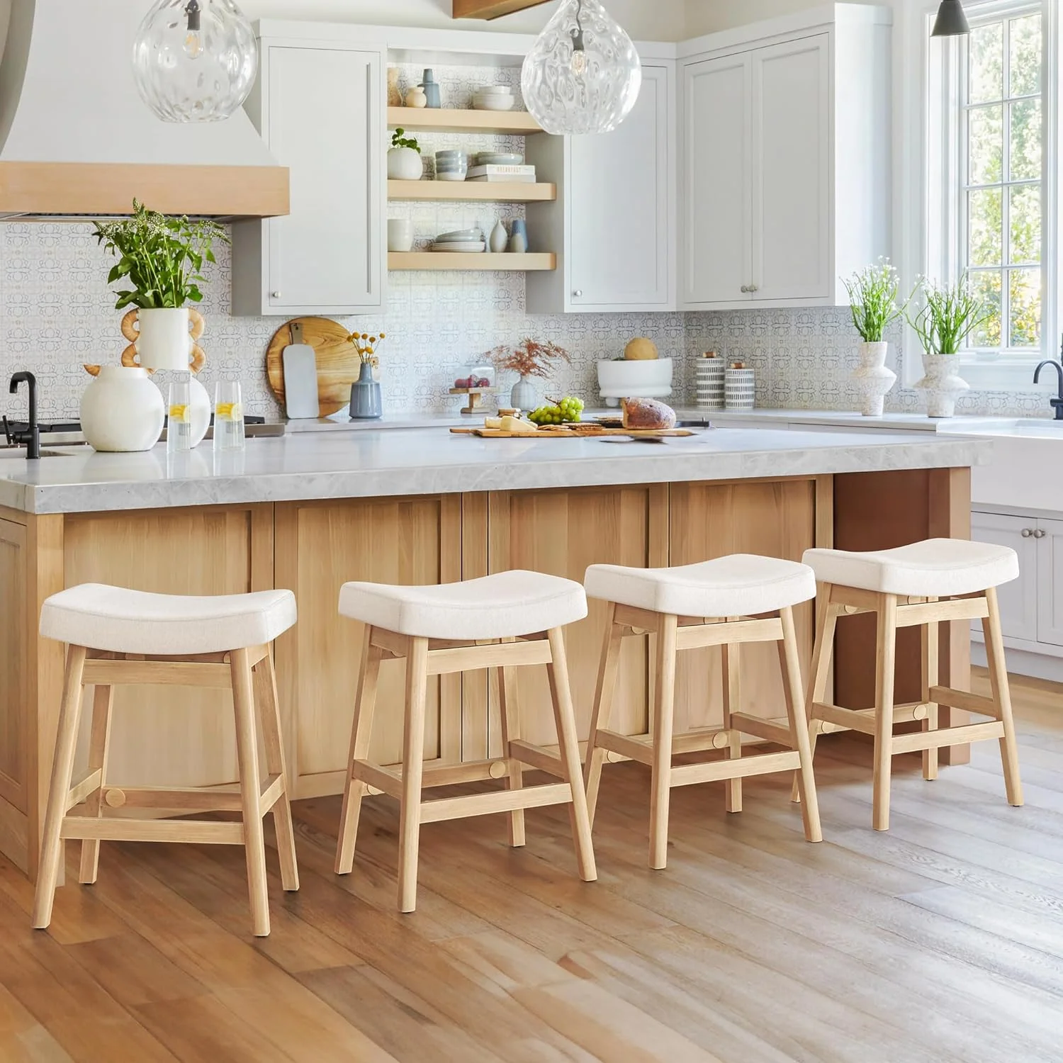 Dycanpo Bar Stools Set of 4, Barstools with Sturdy Wood Legs, Saddle Seat Counter Height Bar Stools for Kitchen Counter, Bar, Dining, 24 Inch Farmhouse Counter Stools, Beige