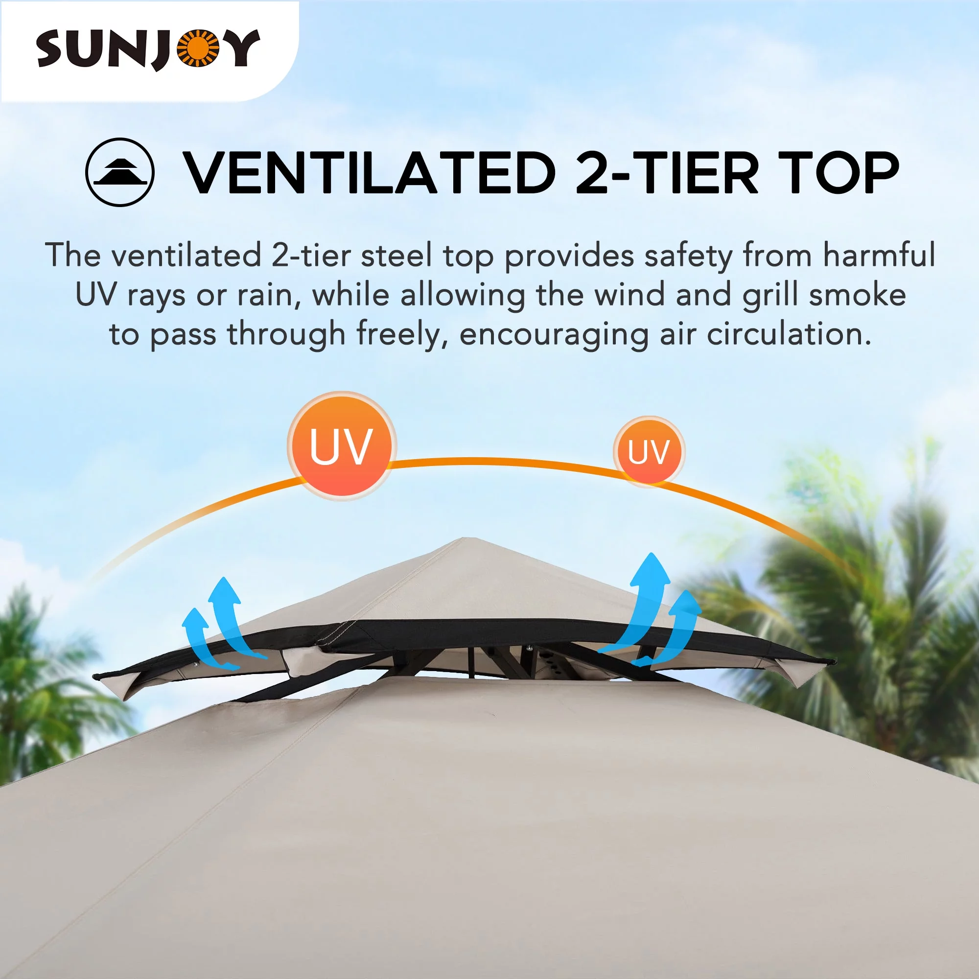 Sunjoy Orville 5 ft. x 8 ft. Black Steel 2-tier Grill Gazebo with Beige and Black Canopy