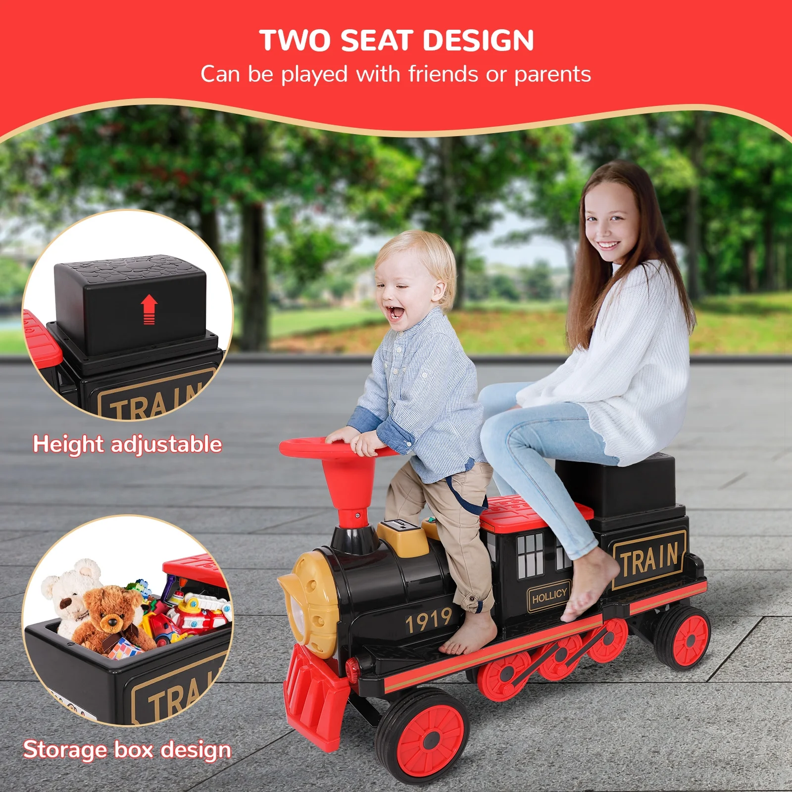 Increkid Kids Ride on Train 12V Electric Train 2 Seater Ride on Toy with Light, Music