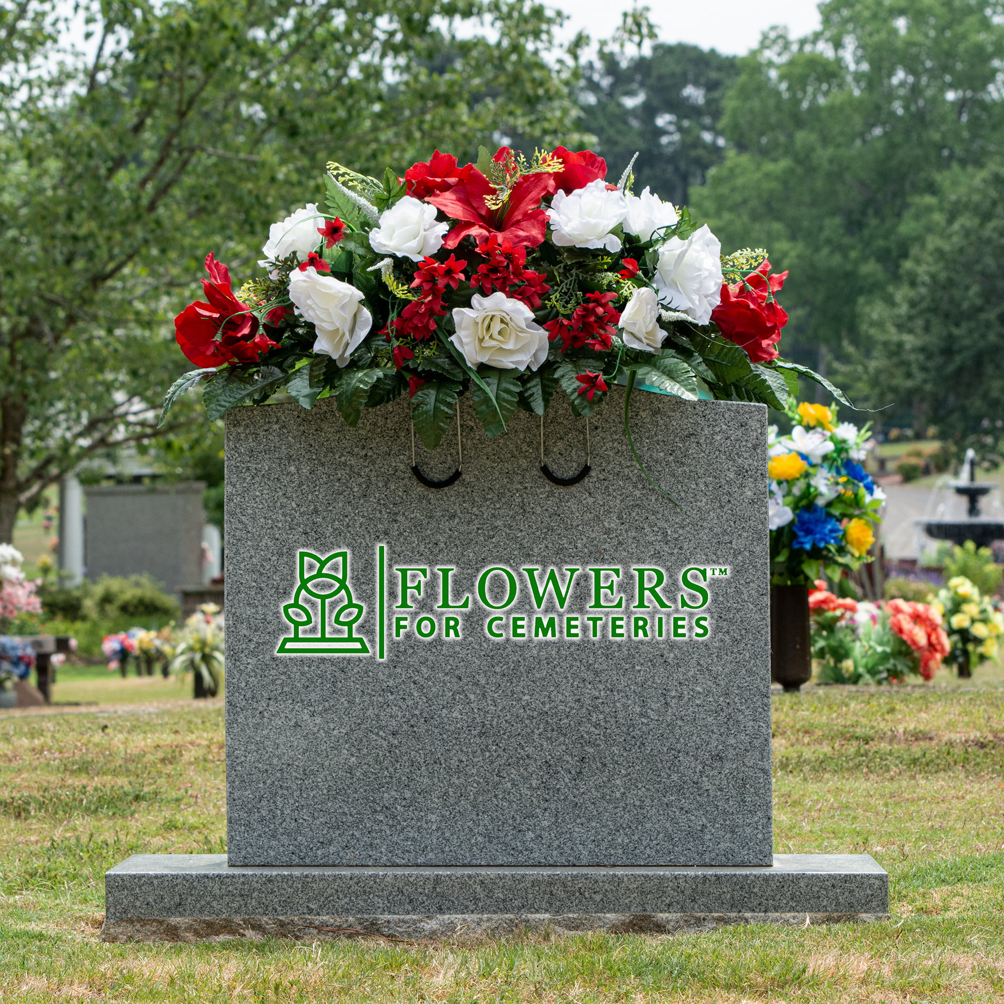 Sympathy Silks Artificial Cemetery Flowers Red Amaryllis White Roses 1 Bouquet & 1 Saddle