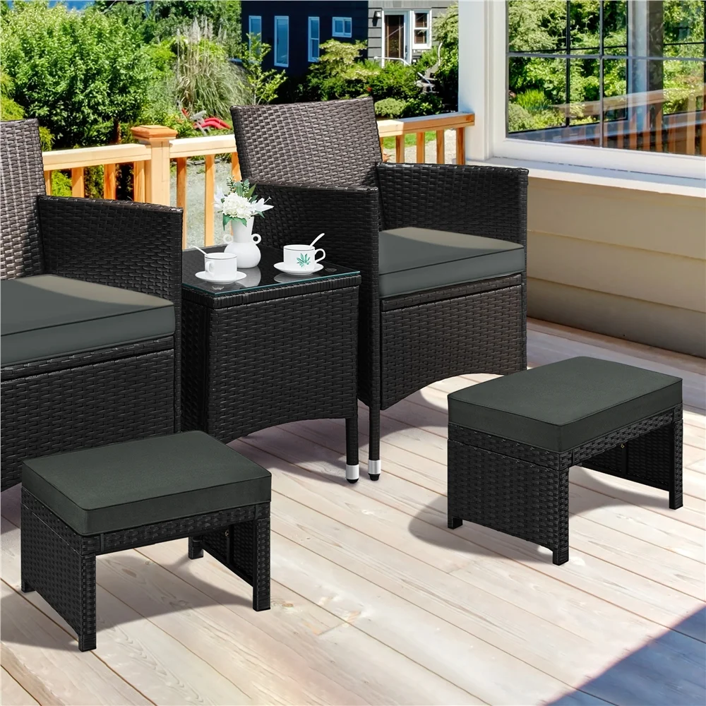 Topeakmart 2pcs Wicker Ottomans with Removable Cushion, Black/Gray