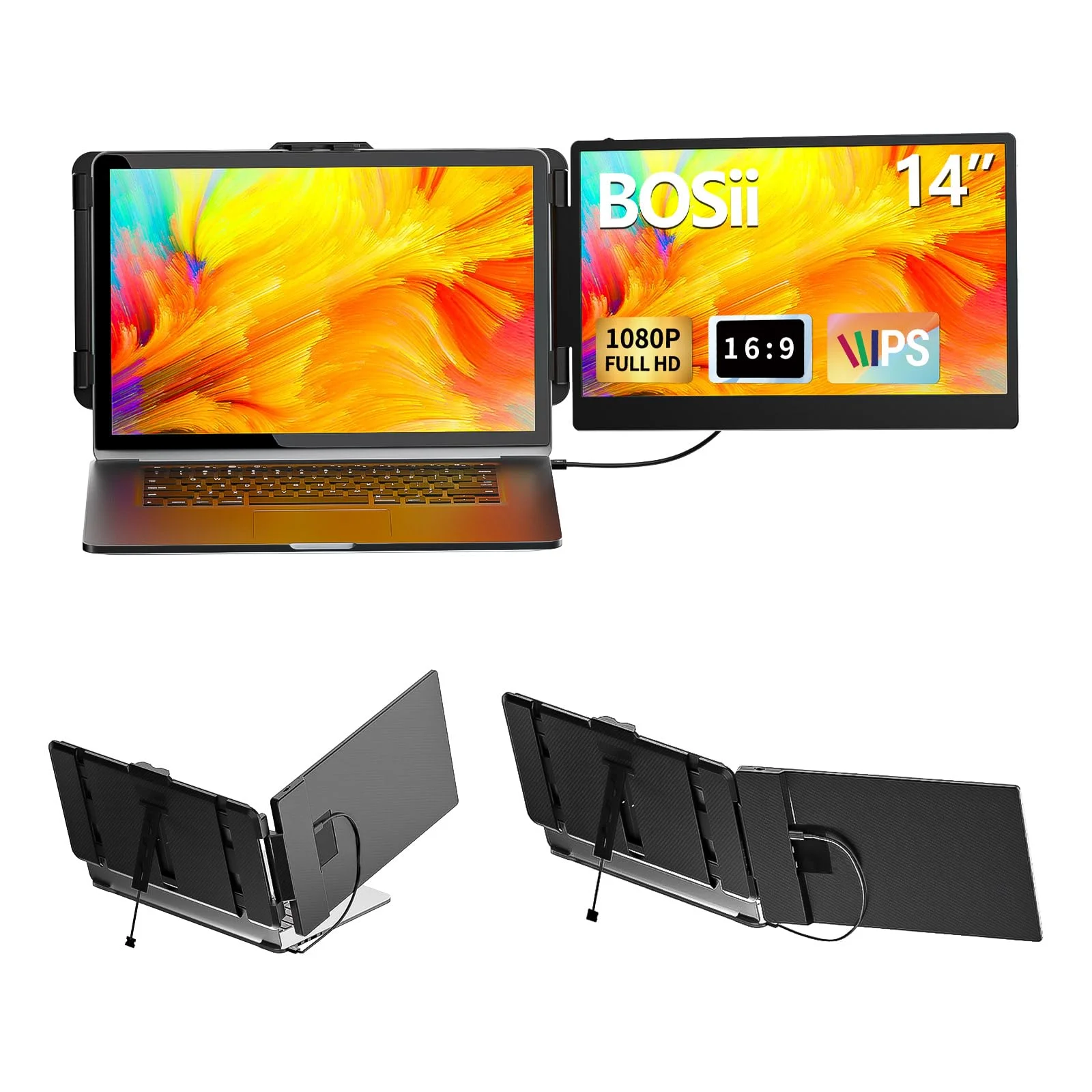 Laptop Screen Extender Monitor - 14 Inch Portable IPS FHD 1080P HDMI/USB-A/Type-C Extended Monitor for Laptops (Maximum Length: 15.74