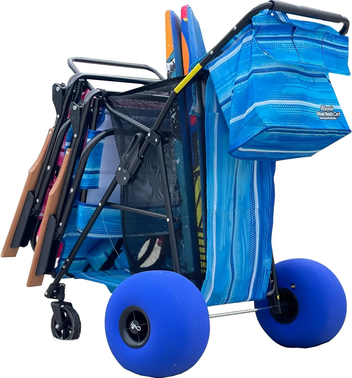 Beach Cart Heavy Duty Folding Ocean Utility Wagon Large Sand Wheels Holds 4 Folding Chairs Storage Pouch Umbrella Holder - Basic Solid Blue