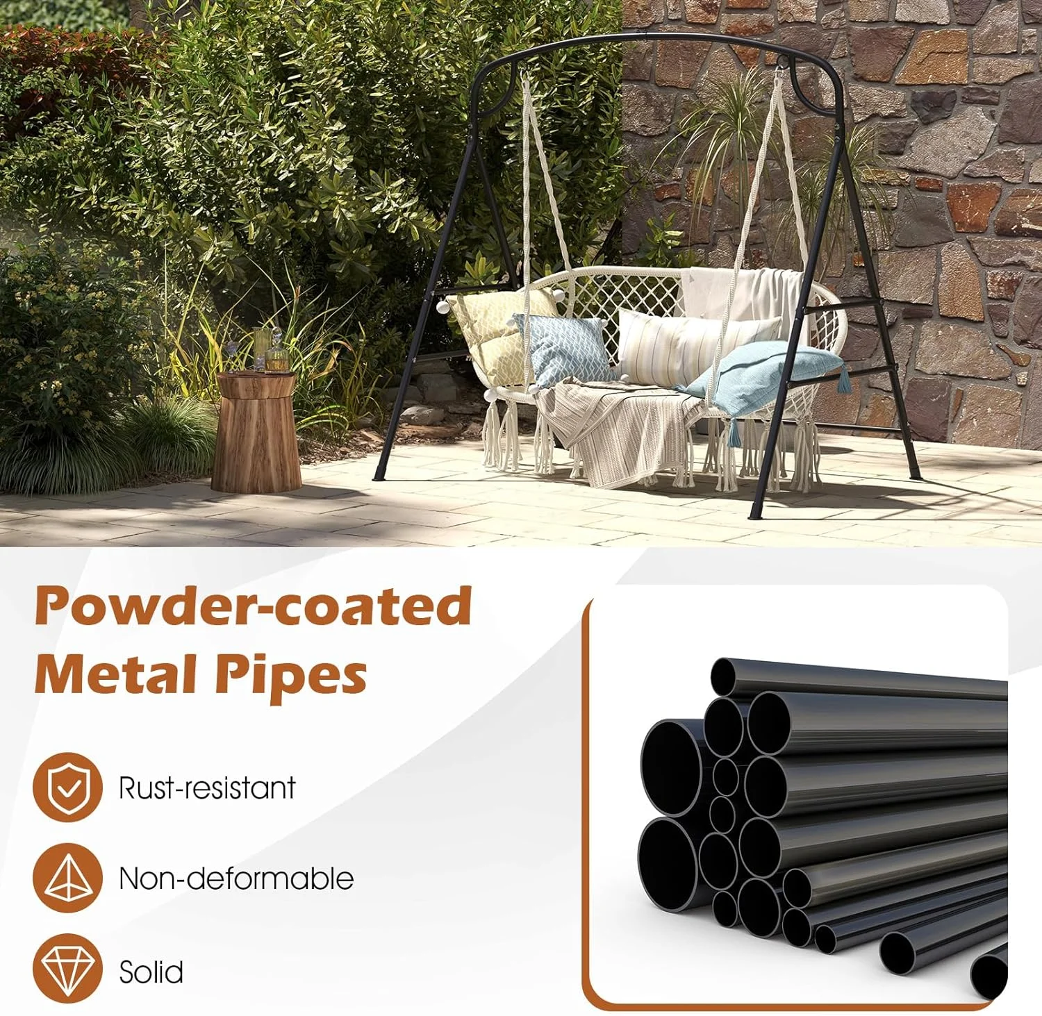 Outdoor Swing Frame Heavy-Duty Metal Porch Swing Stand with Side Bars & 2 Rings, 660 lbs Weight Capacity, A-Frame Swing Frame for Garden, Backyard, Balcony