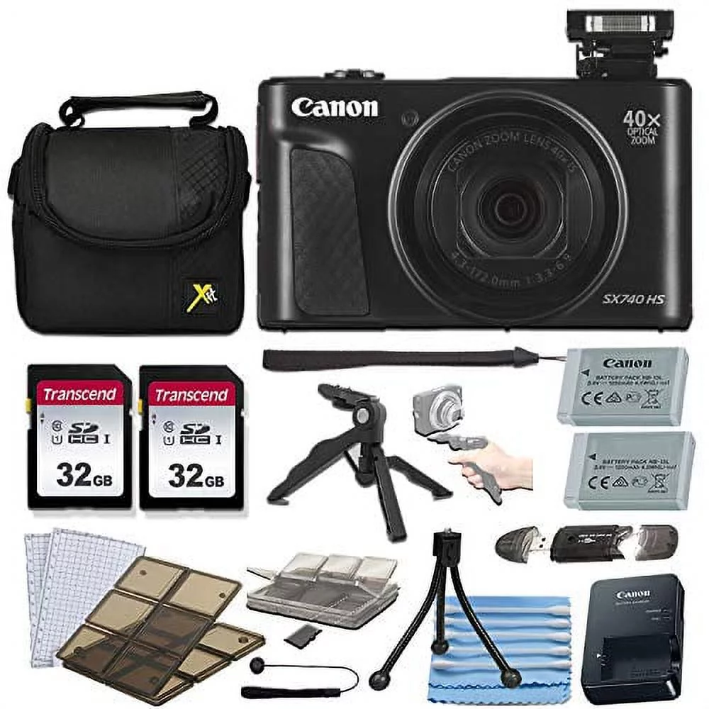 Canon PowerShot SX740 HS Digital Camera (Black) with Deluxe Starter Kit, Pistol Grip Tripod, 64GB Memory Cards - New