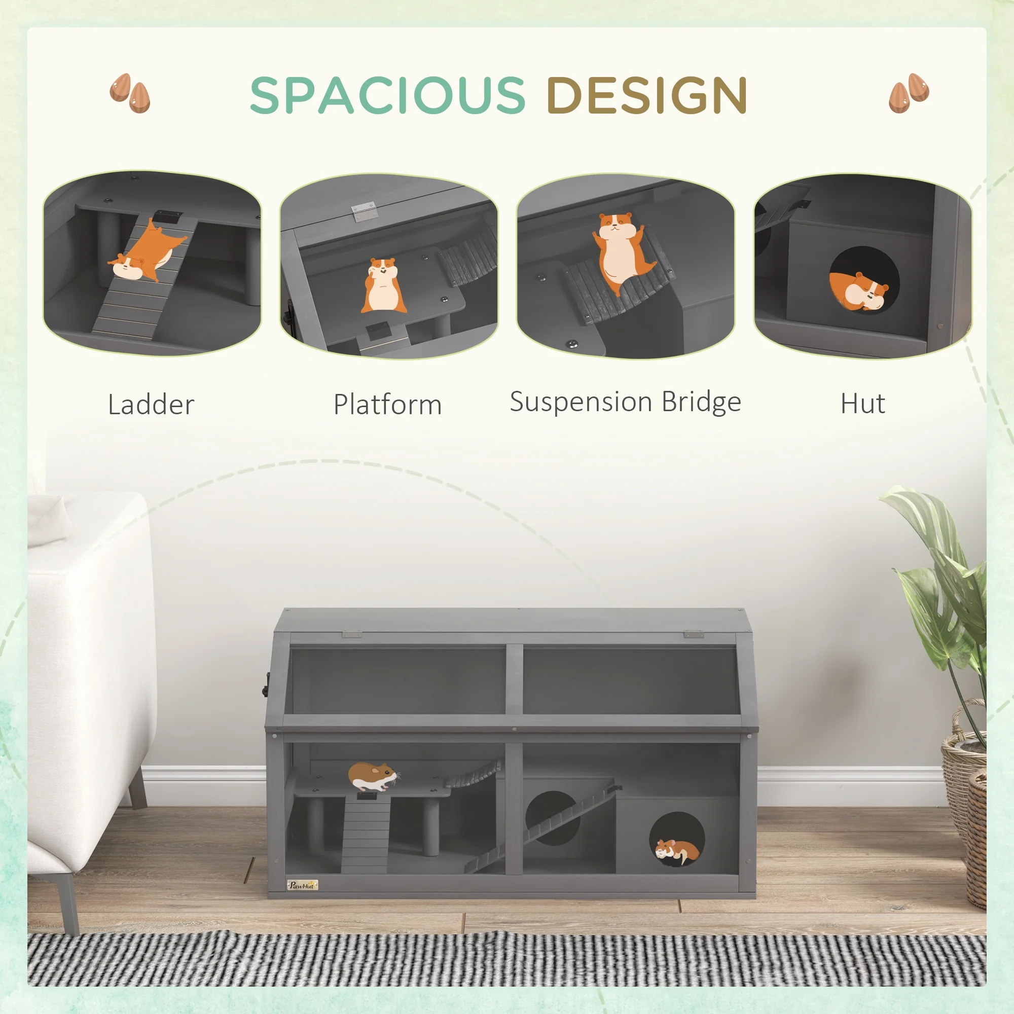 PawHut Wooden Hamster Cage W/ Suspension Bridge, Openable Top