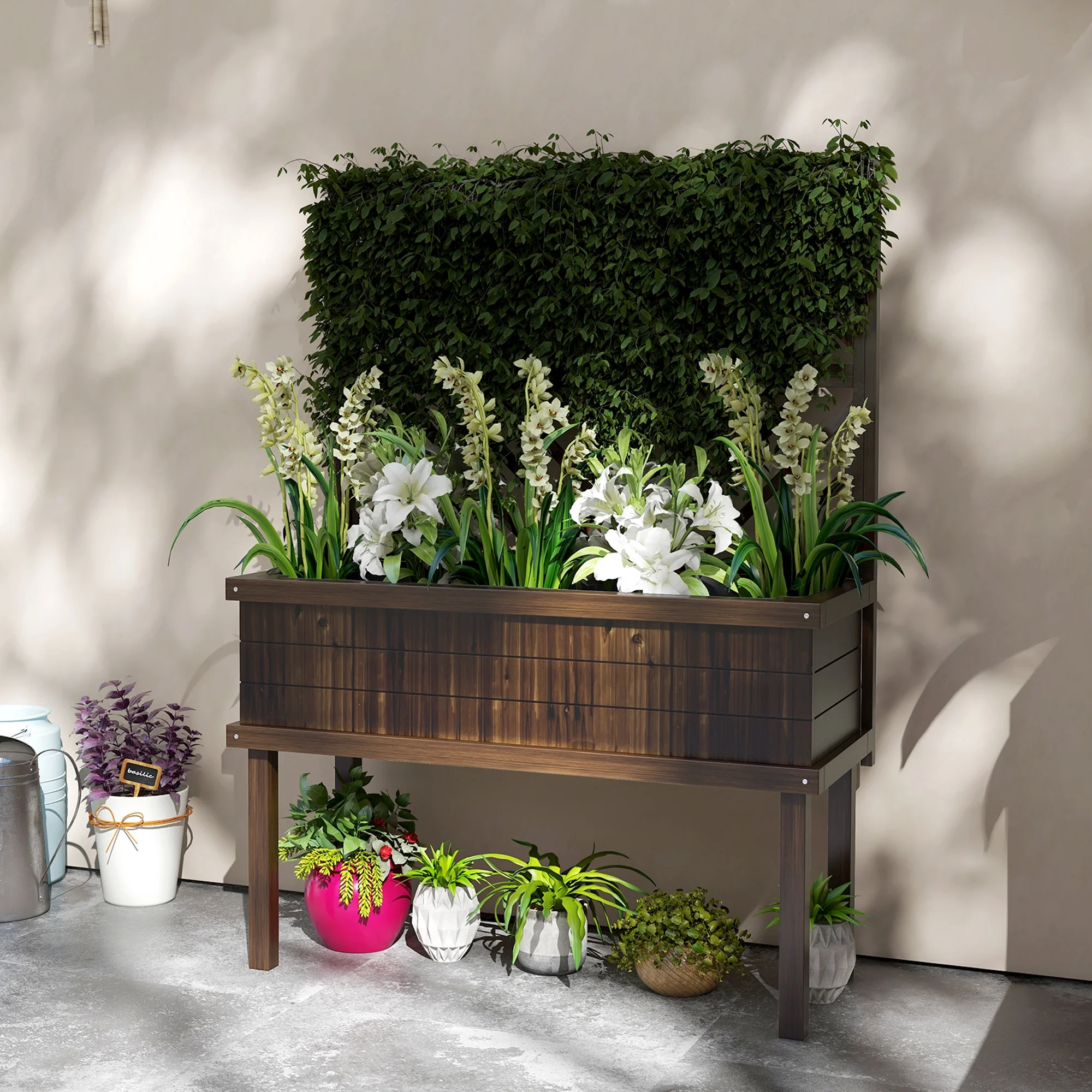 CoSoTower Raised Garden Bed with Trellis for Climbing Plants, Vegetable, GraPE Vines, Wood Planter with Legs, Drainage Holes and Filter for Outdoor Garden, Patio, Carbonized