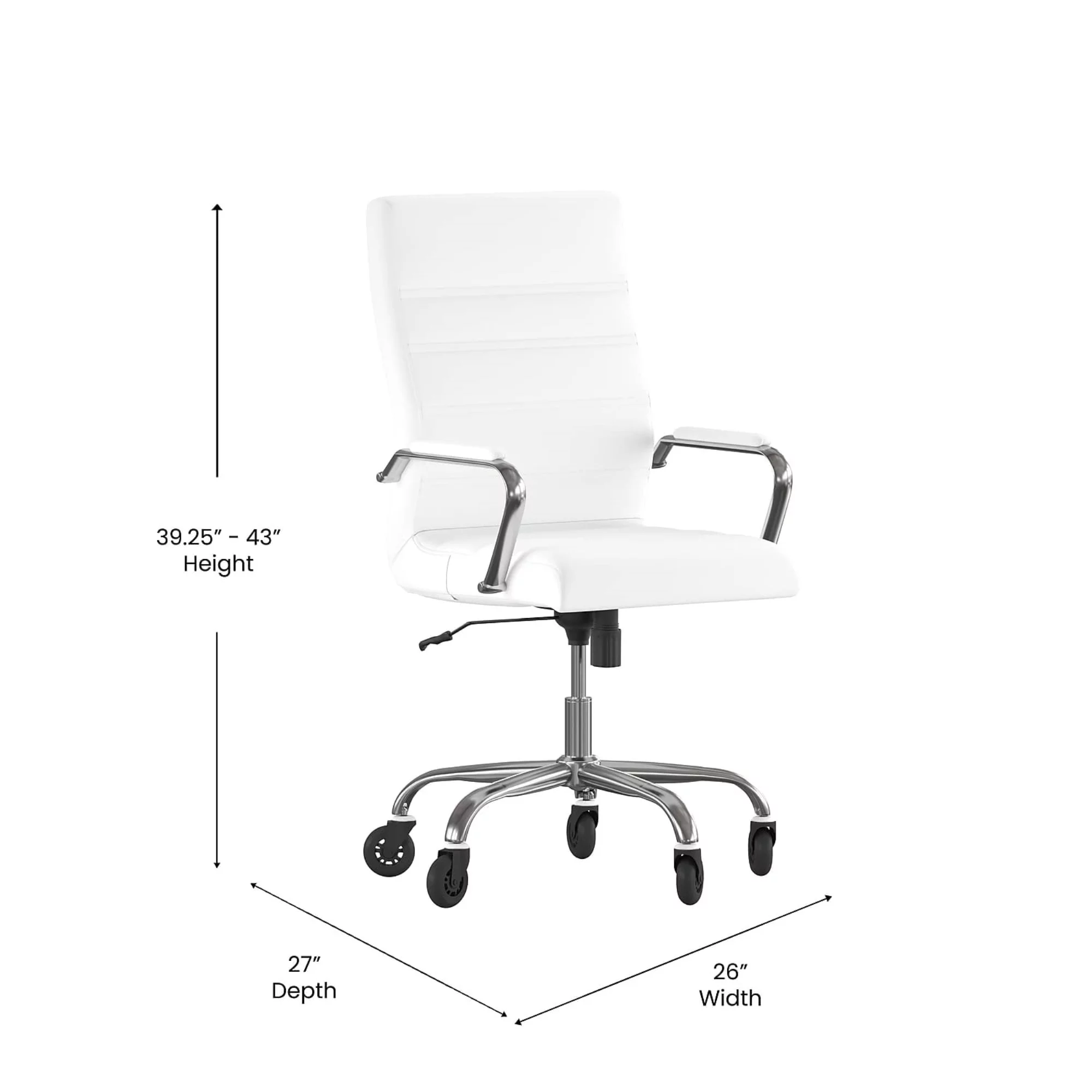Whitney High Back White LeatherSoft Executive Swivel Office Chair with Chrome Frame, Arms, and Transparent Roller Wheels