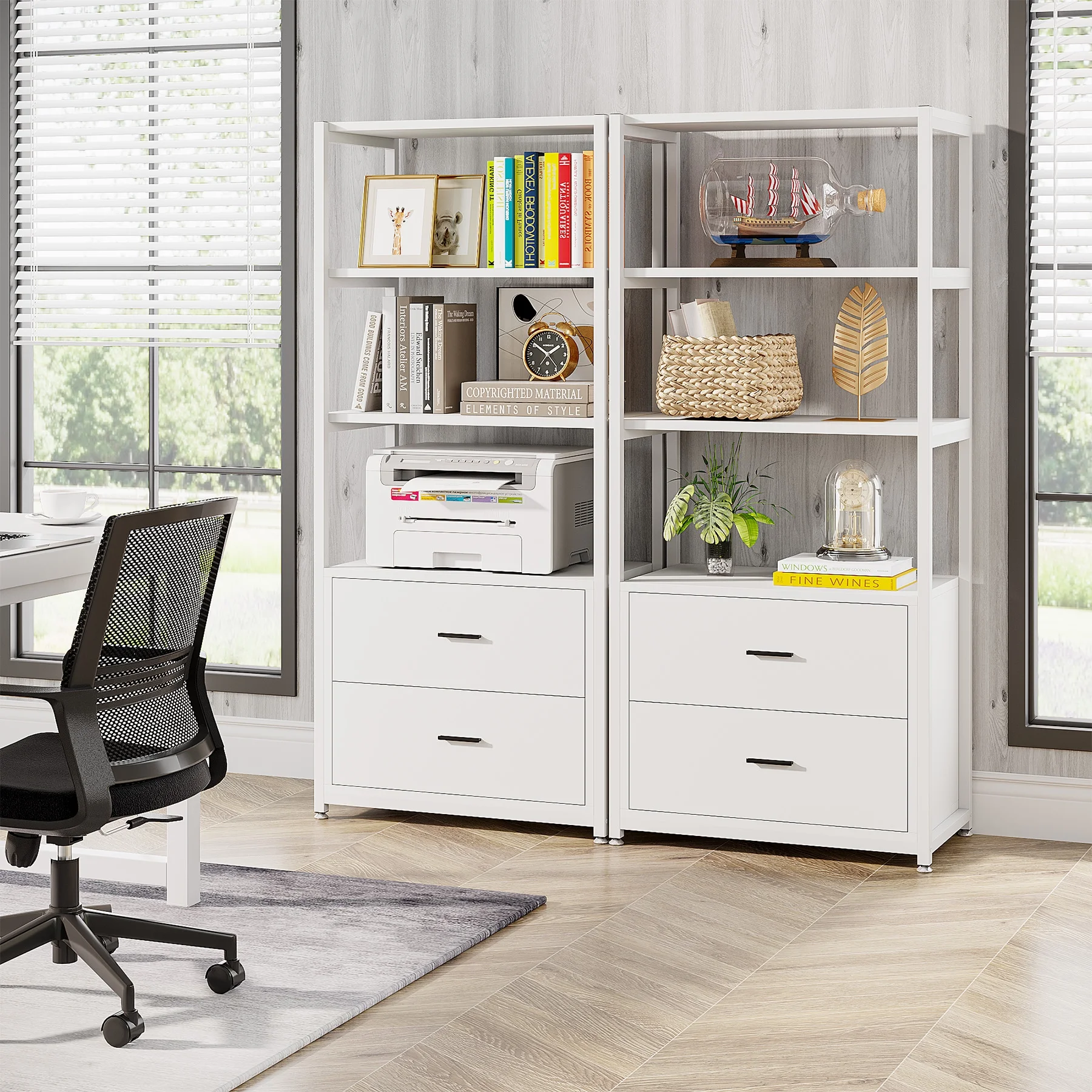 Tribesigns Bookcase 4-Tier White Bookshelf with 2 Drawers White