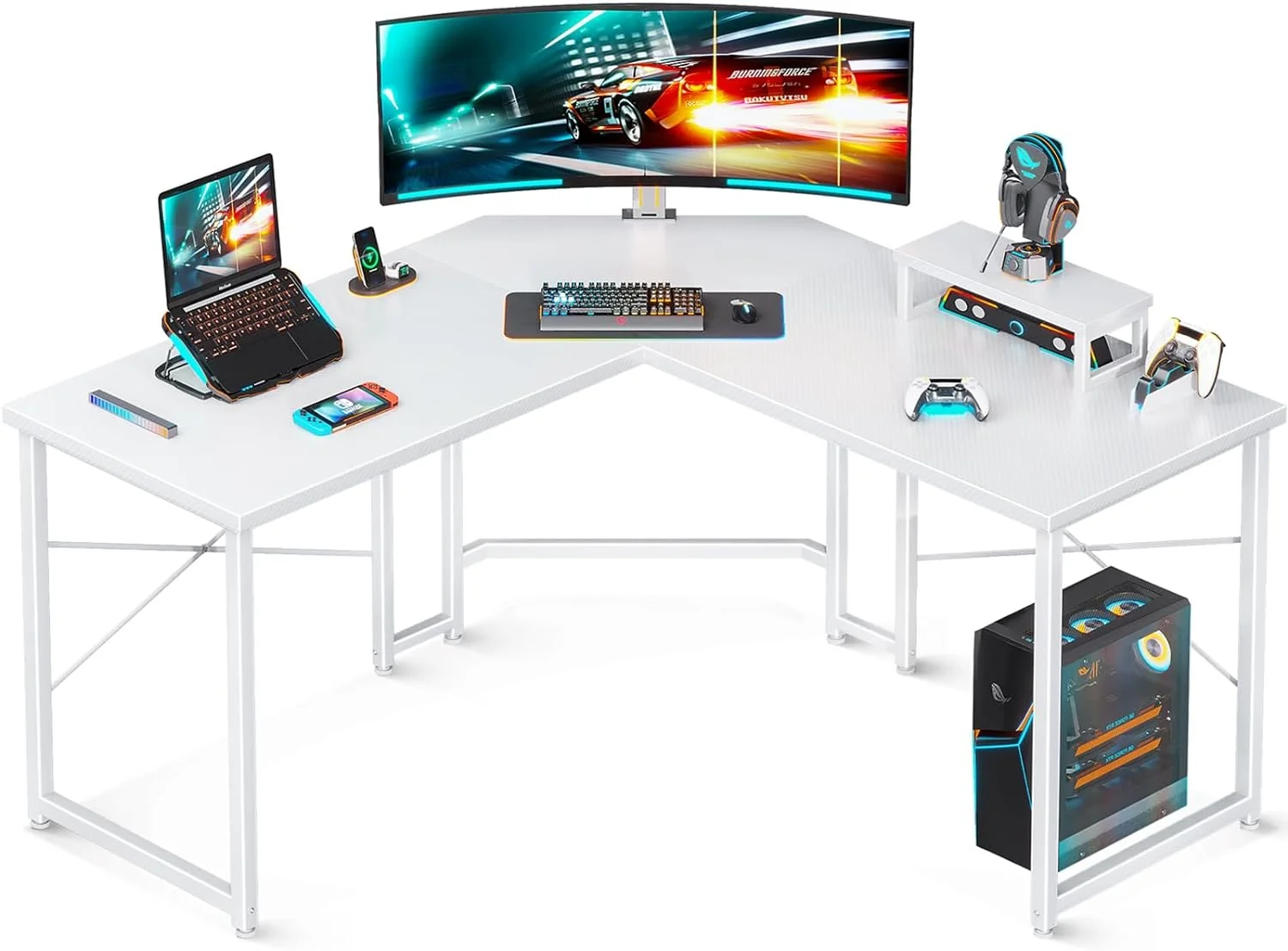 51 Inch L Shaped Gaming Desk with Monitor Stand, Computer Desk for Home Office, PC Corner Desk Table Sturdy Writing Workstation, Carbon Fiber Surface, White