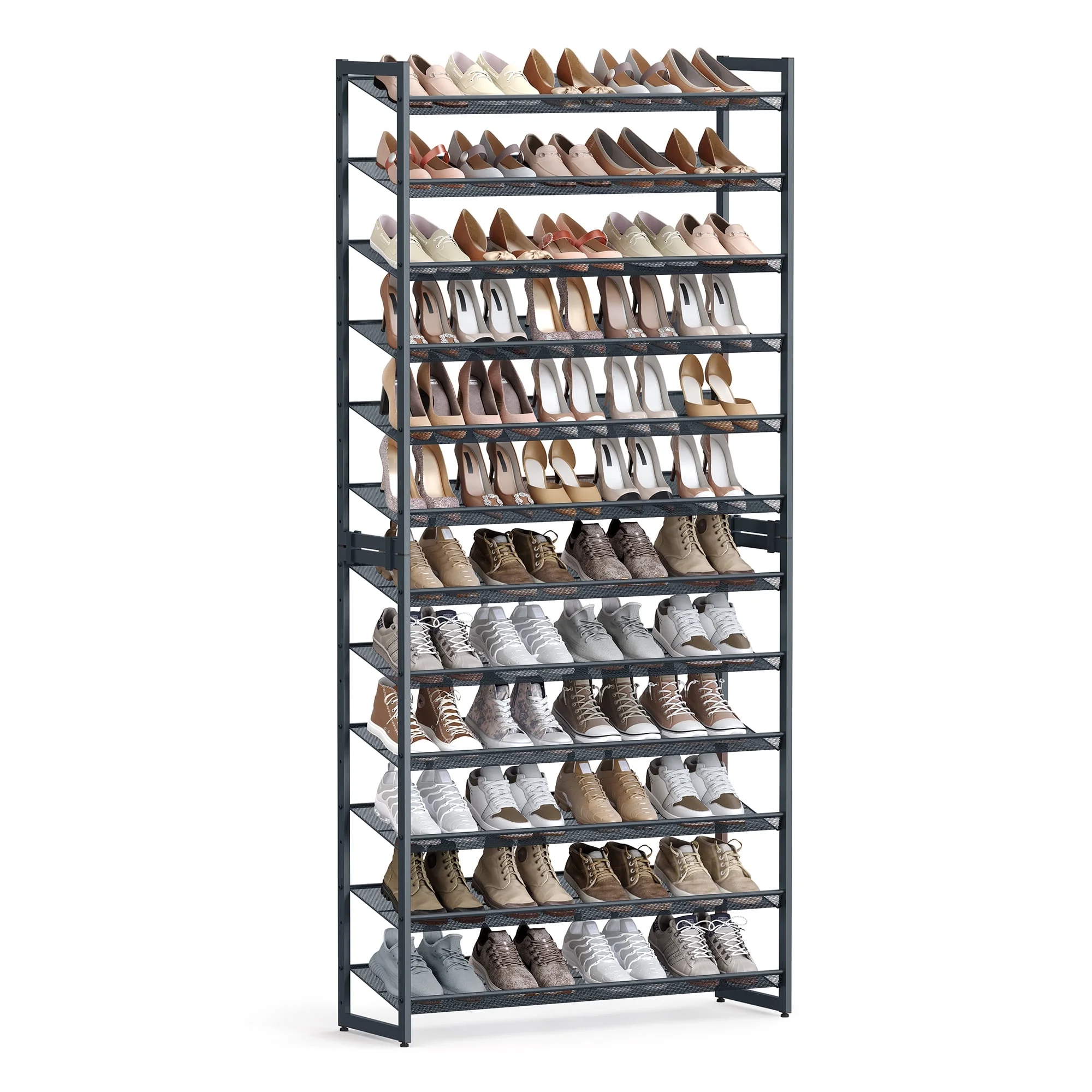 SONGMICS 12-Tier Metal Shoe Rack Organizer, Stackable Shoe Storage for Closet, Entryway, Garage Slanted Shelves, Holds 48-60 Pairs, Grey