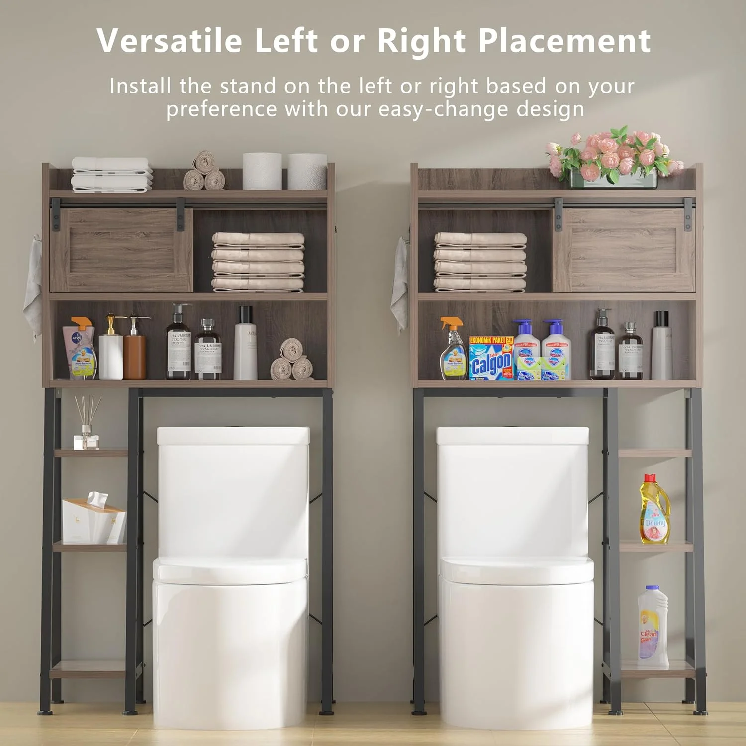 Over The Toilet Storage Cabinet with Toilet Paper Holder Stand, 6-Tier Freestanding Bathroom Behind Toilet Storage Cabinet with 3 Side Hooks and Sliding Barn Doors (Ironwood, Rustic Brown)