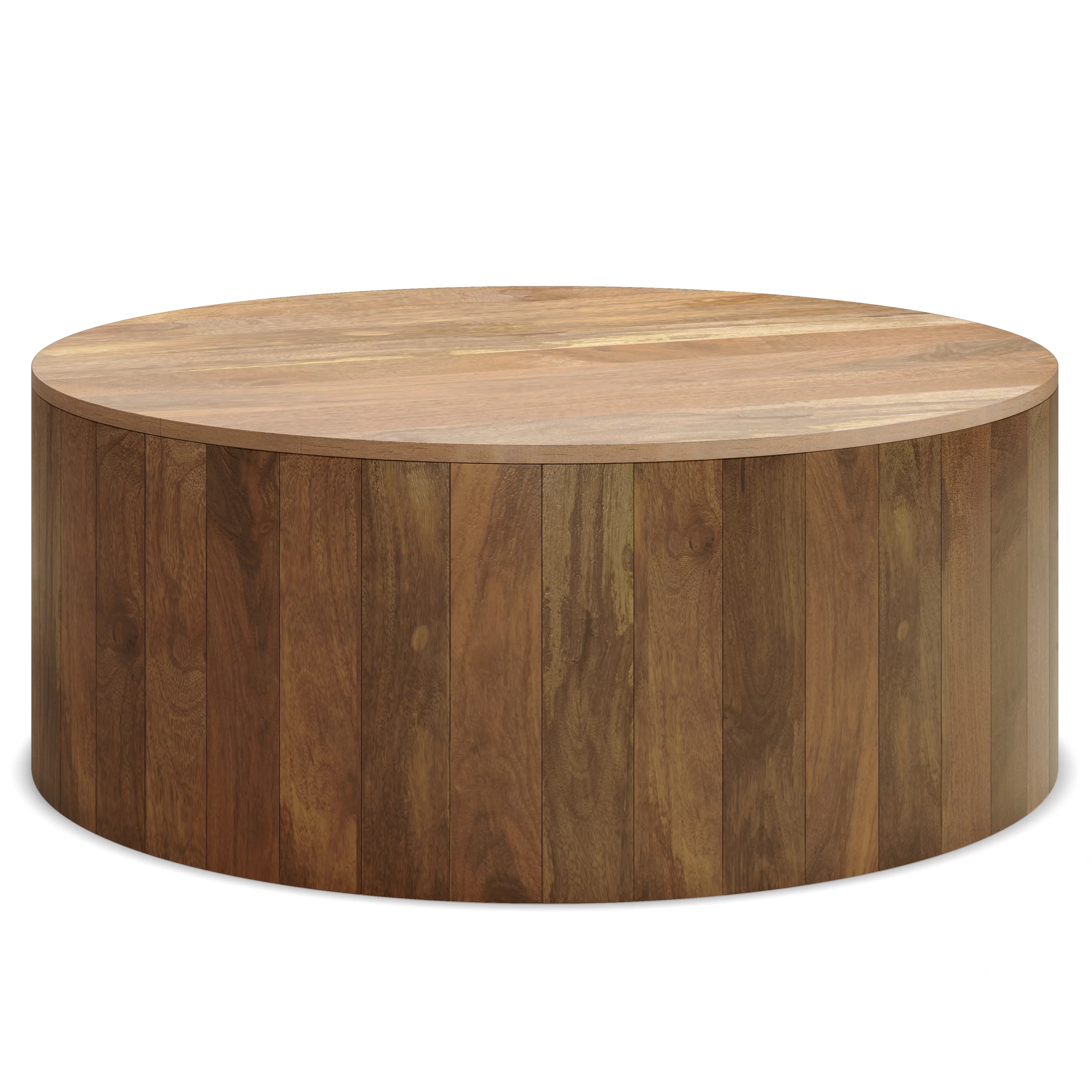 Simpli Home Millbury SOLID MANGO WOOD 36 inch Wide Round Modern Industrial Drum Coffee Table in Natural, Fully Assembled