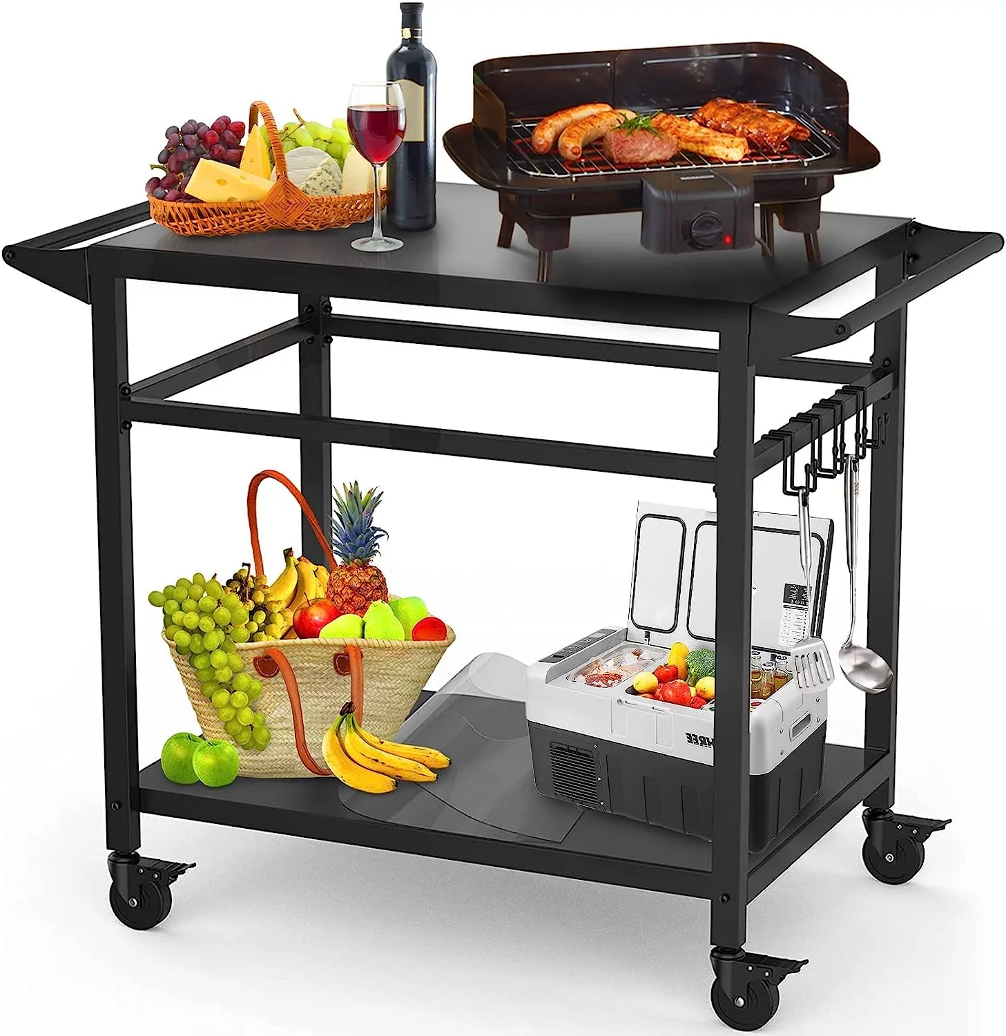 RAXSINYER Movable Grill Table, Double-Shelf Outdoor BBQ Grill Cart, Rolling Kitchen Dining Cart, Black