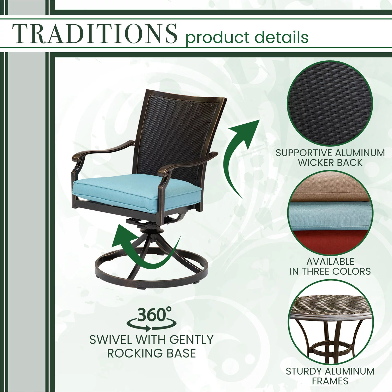 Hanover Traditions 3-Piece Outdoor Furniture Patio Bistro Set, 2 Cushioned Wicker Back Cast Aluminum Swivel Rocker Chairs and 32