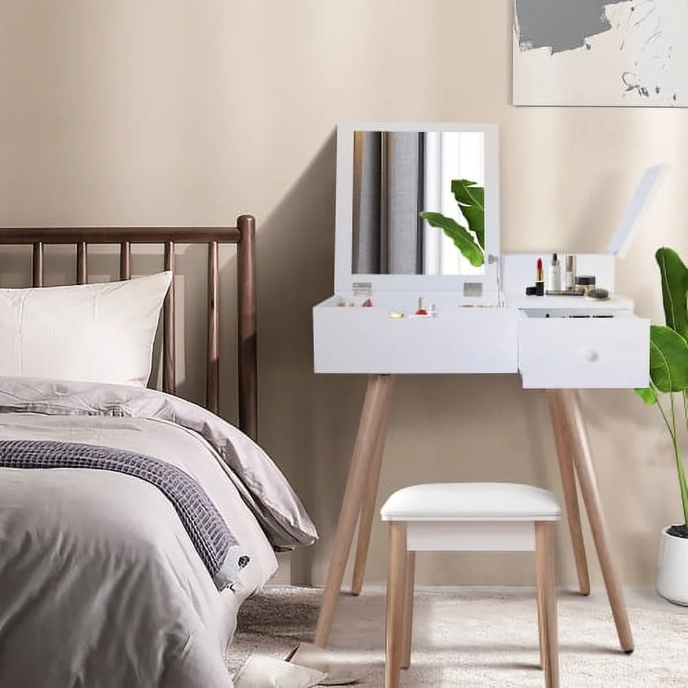 YASI Vanity Table Makeup Desk with Flip Top Mirror and 2 Storage Drawers, Makeup Dressing Table for Bedroom Living Life,White(Stool not Included)