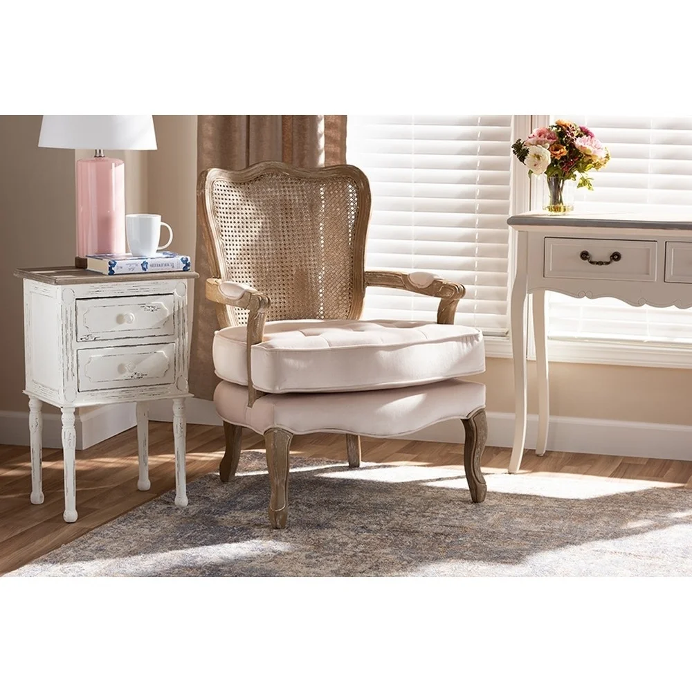 Vallea Traditional French Provincial Light Beige Velvet Fabric Upholstered Wood Armchair