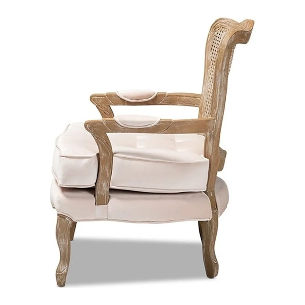 Vallea Traditional French Provincial Light Beige Velvet Fabric Upholstered Wood Armchair