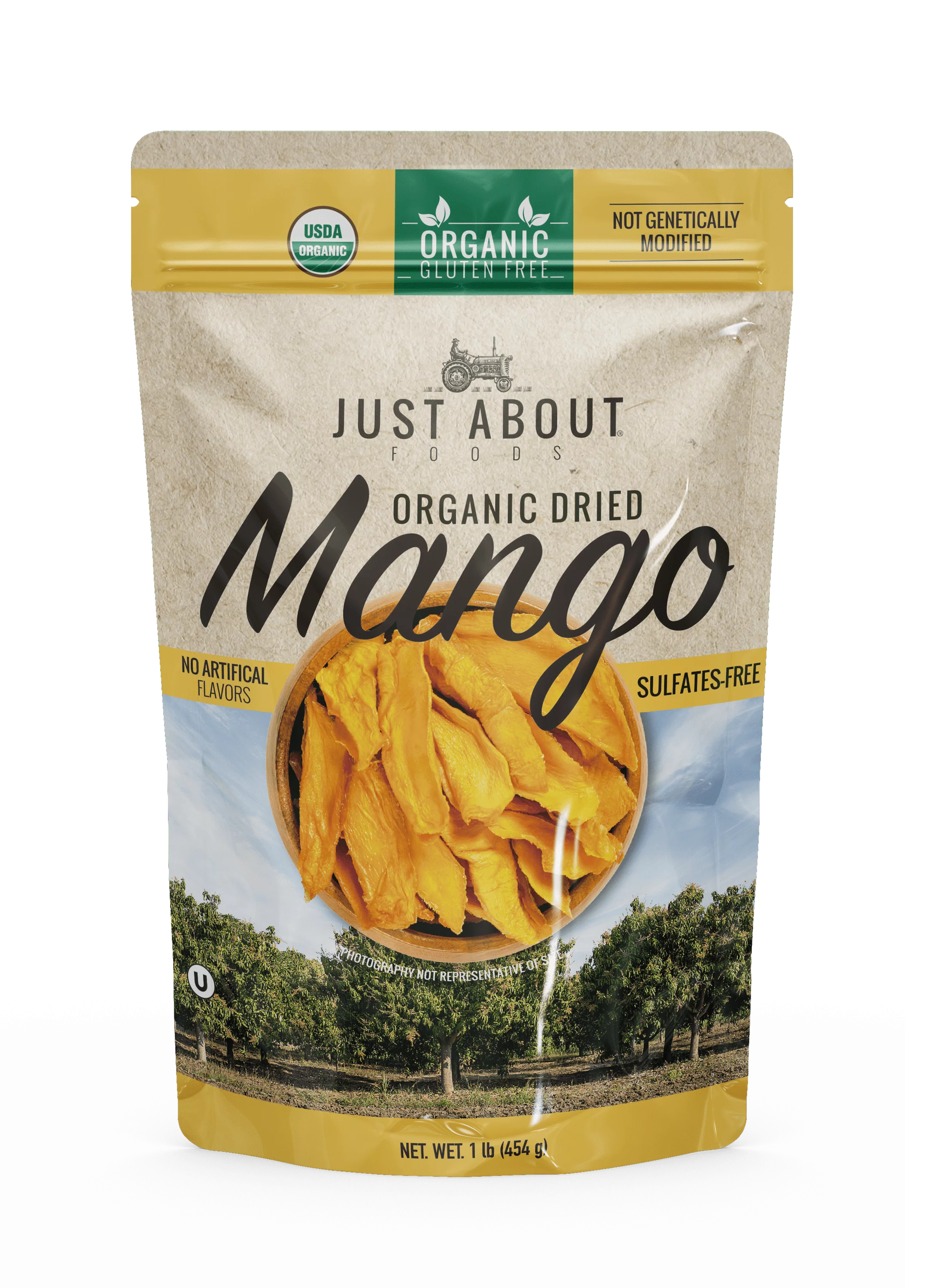 Just About Foods Organic Dried Mango Organic, Healthy Snack Gluten-free, Non-GMO, Paleo & Kosher Certified, Soft and Chewy, 1 LB, Single Ingredient