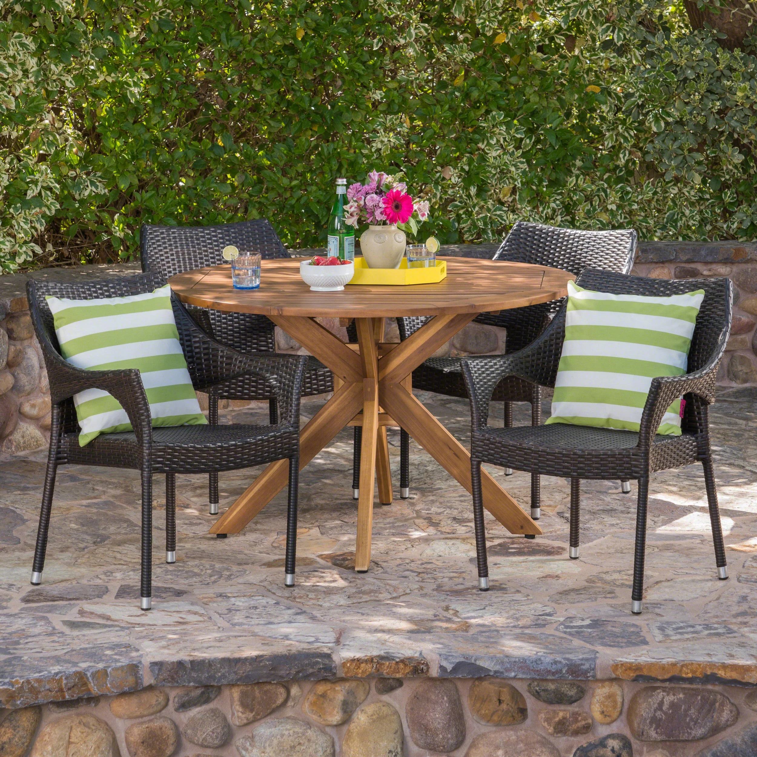 GDF Studio Pia Outdoor Wicker and Acacia Wood 5 Piece Dining Set, Gray
