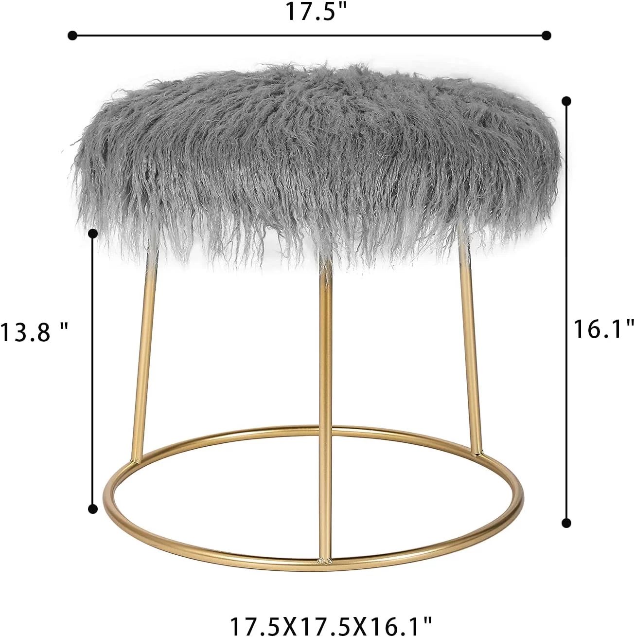 Round Gray Faux Fur Vanity Stool With Gold Legs - Vanity Chair - Soft Compact Padded Seat - Bedroom And Chair - Metal - Fluffy Makeup Seat