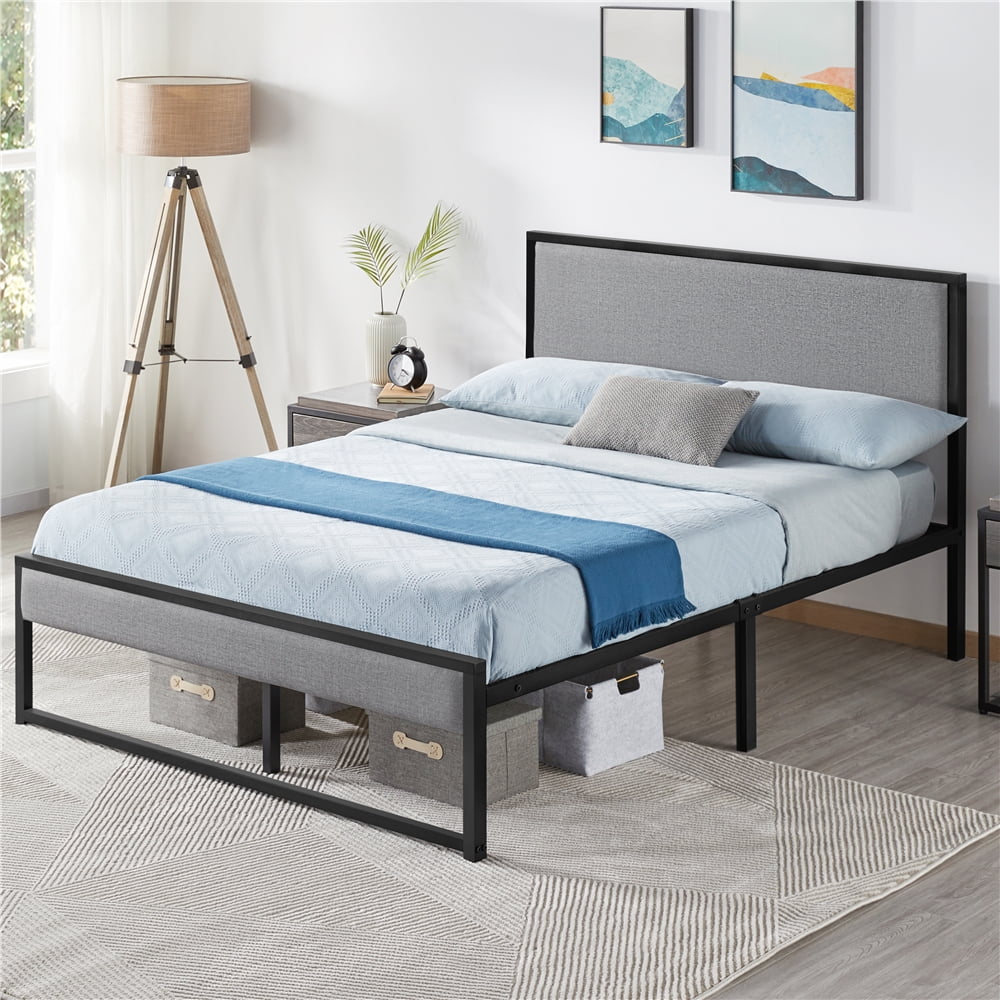 Renwick Metal Upholstered Platform Bed Base with Linen Headboard, Light Gray, Full