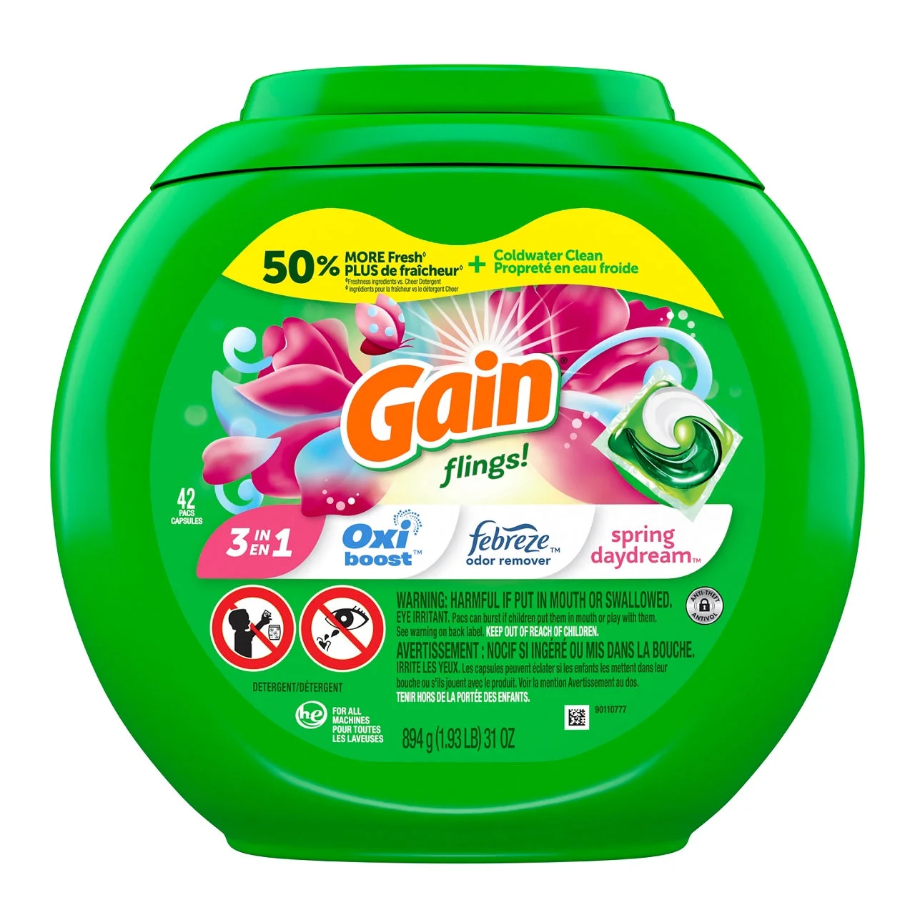 Gain Flings Laundry Detergent Soap Pacs, Spring Daydream Scent, HE Compatible, 42-Count