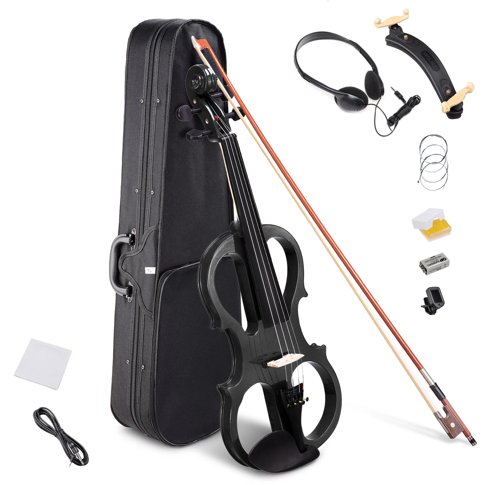 4/4 Electric Violin Full Size Wood Silent Fiddle Stringed Instrument Bow Headphone Case Black