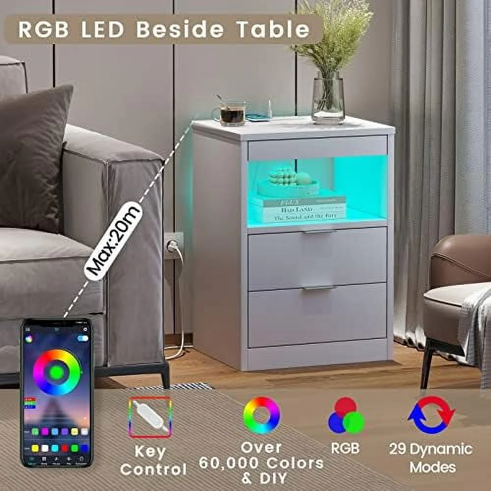 ZFGSUIJN LED Nightstand White Nightstand with Wireless Charging Station 2 Drawers   End  with LED Lights  Wooden Sofa Bedside Table with Pull-Out