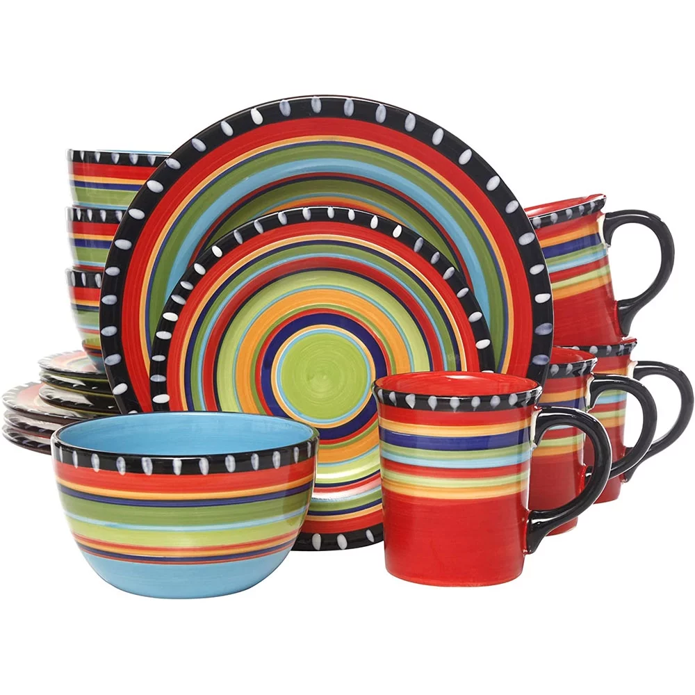 Gibson Elite 16 Piece Multi Color Glaze Dinnerware Set with Plates, Bowls & Mugs